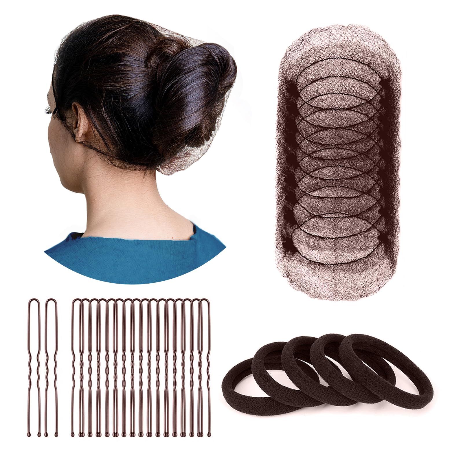 Zefeqco Unisex Brown 120Pcs Hair Accessories Set - 50Pcs Mesh Hair Nets Invisible (20Inch), 45Pcs U Shaped Hair Pins (6Cm), 25Pcs Hair Ties