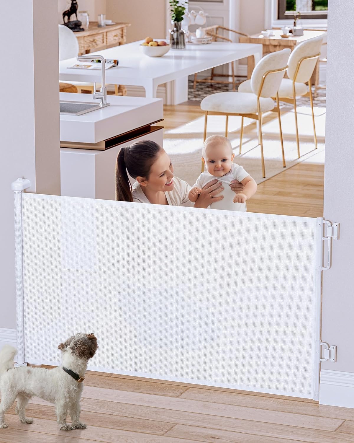 Retractable Baby Gate for Stairs Indoor, Extends up to 140CM Wide Mesh Dog Gate for Doorways, 86CM Tall Safety Dog Gates for The House, Easy to Use Pet Gate for Stairway & Ourdoors (White, 86 x 140CM) White 86 x 140CM