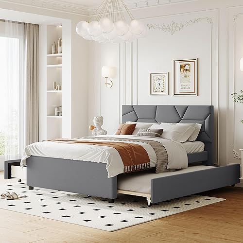 Merax Base de cama tapizada de lino tamaño Queen con dos cajones de almacenamiento y cabecero para niños, niñas y adolescentes, color azul