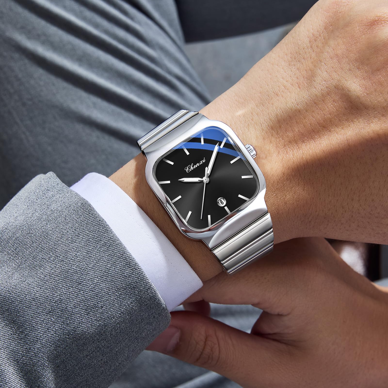 Gosasa Reloj de vestir cuadrado vintage para hombre de acero inoxidable de dos tonos | Reloj de cuarzo con fecha, resistente al agua hasta 30 m, reloj de pulsera analógico clásico de negocios