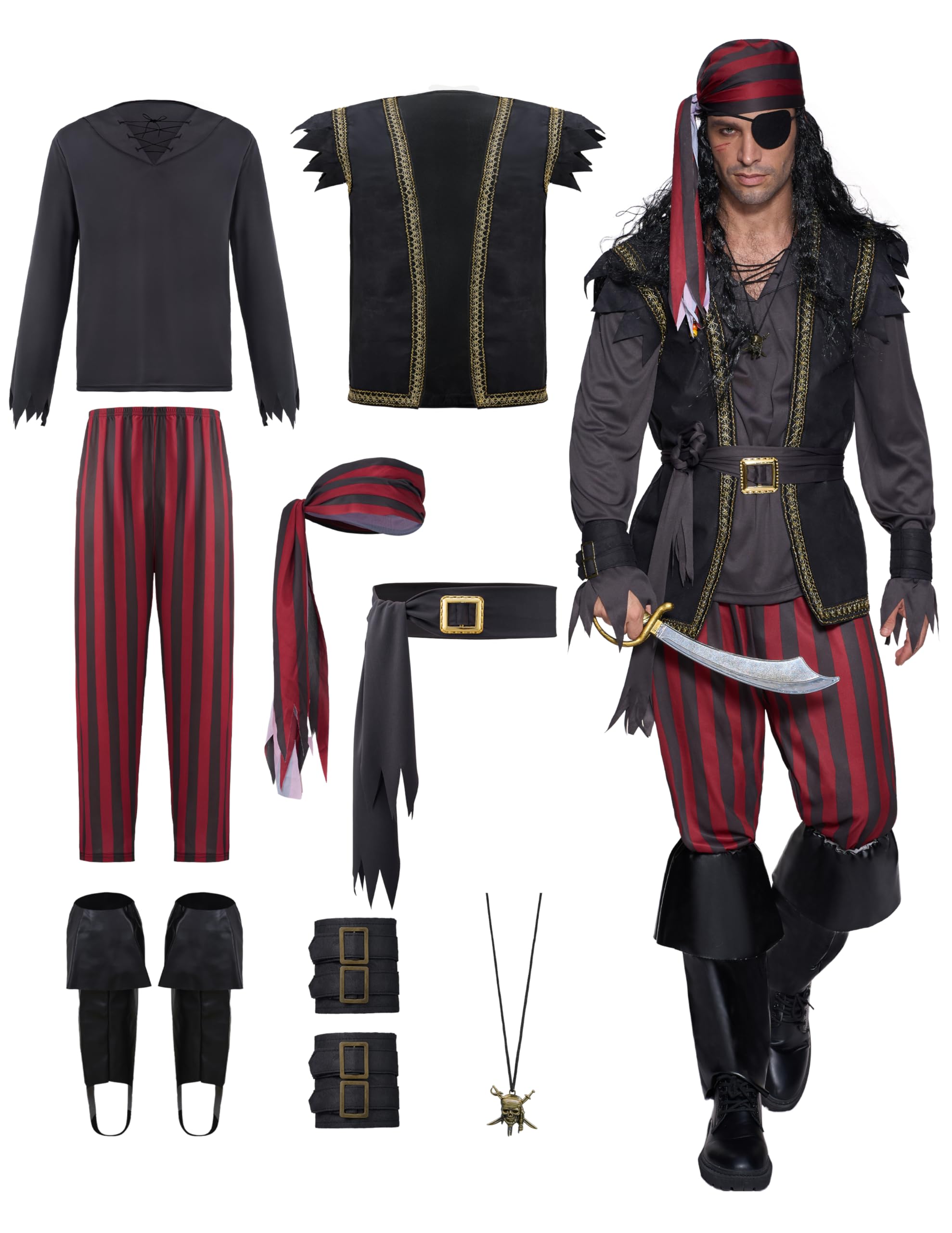 Spooktacular Creations Men Ruthless Pirate with Handkerchief Pants Shirt Boot Wutbands Prepared for Halloween Dress Up Party, Cosplay Party-M