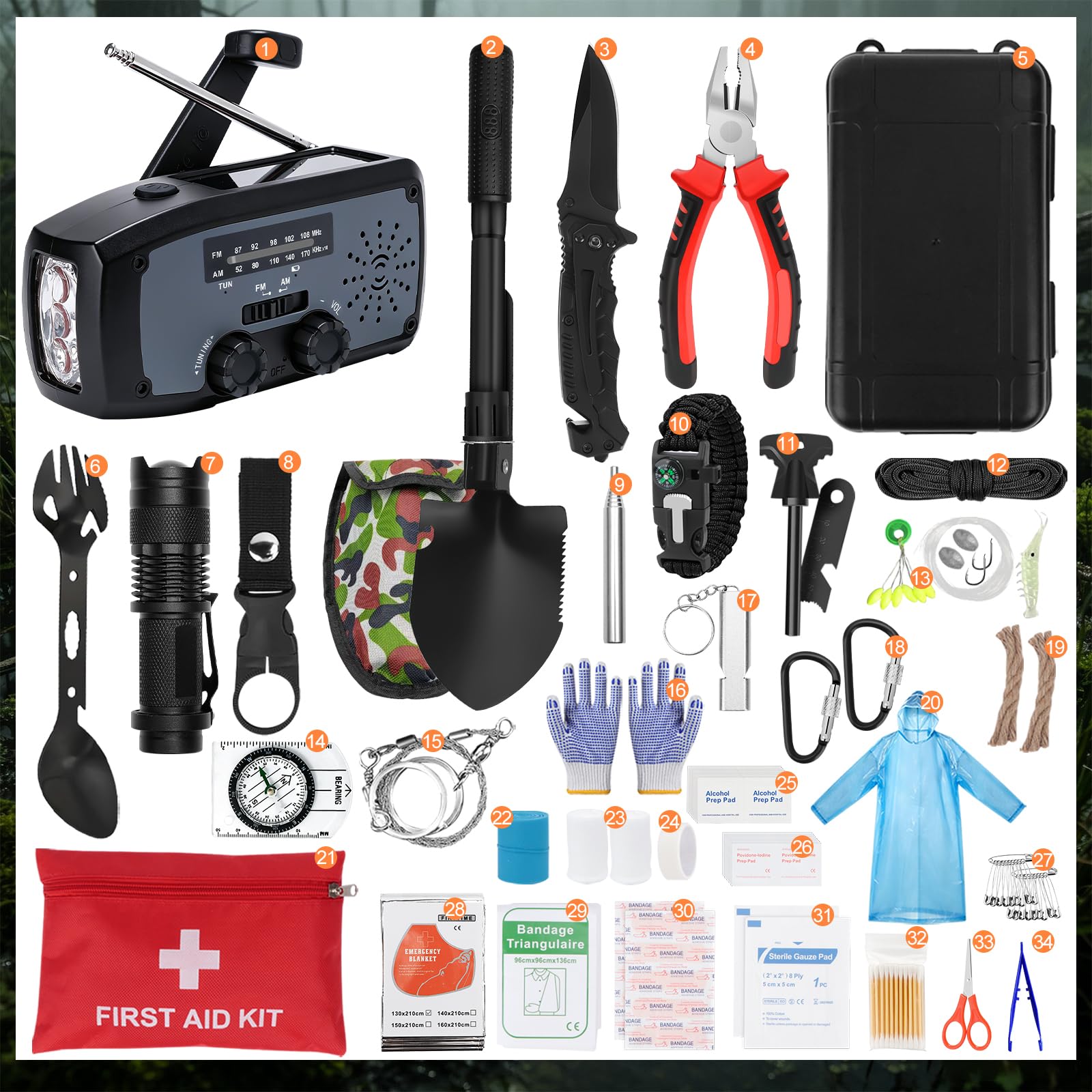 34 in 1 Kit di sopravvivenza per esterni, con radio, pinze, strumenti, bussola, torcia tattica per uomini, campeggio, avventura, escursioni all'aperto-85 pezzi