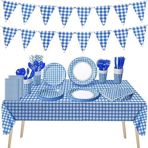Miniatura 7 de 205 piezas de suministros de fiesta para 25 invitados, mantel a cuadros, banderín, banderín, plato, servilleta, cubiertos y pajita para fiesta de
