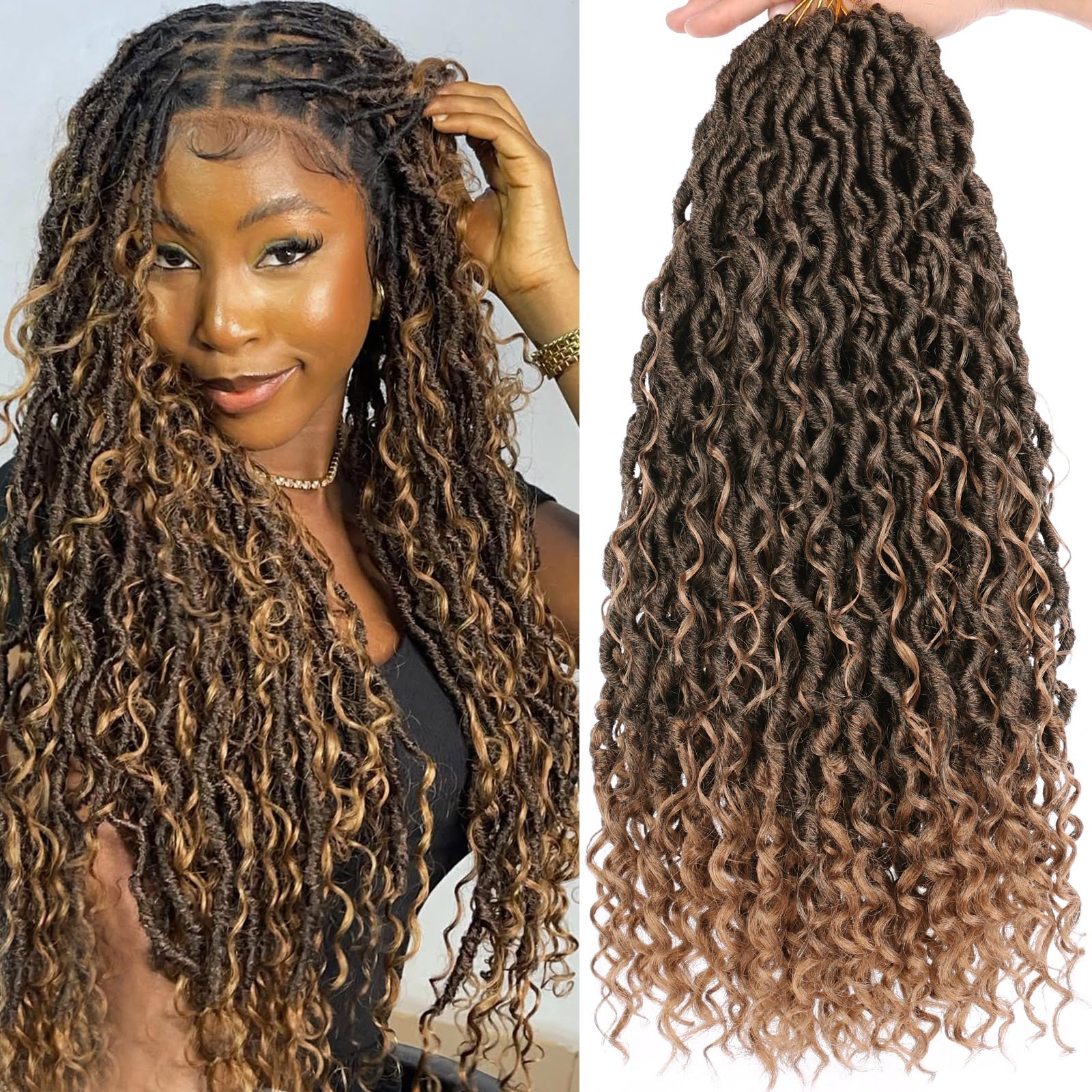 COOKOO 8 Packs Goddess Locs Crochet Hair 18 Inch 14 Strands/PCS Bohemian Faux Locs Crochet Hair with Curls at the Ends Curly Locs Hair Pre Looped