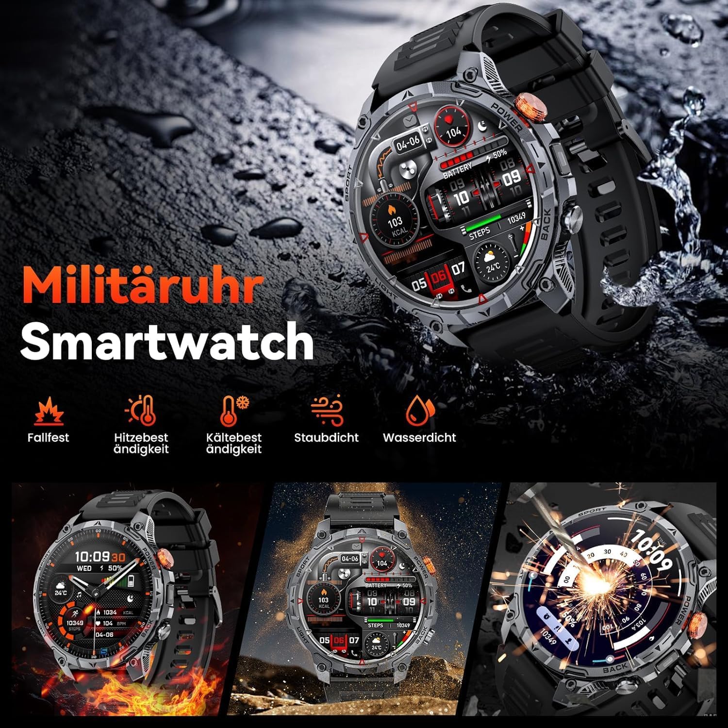 Reloj Inteligente Hombre con LED Linterna,1000mAh/IP68 Impermeable/1,75" HD Militar Smartwatch con Llamadas,110+ Modos Deportivos/24/7 Pulsómetro/Sueño/Podómetro Pulsera Actividad Android iOS