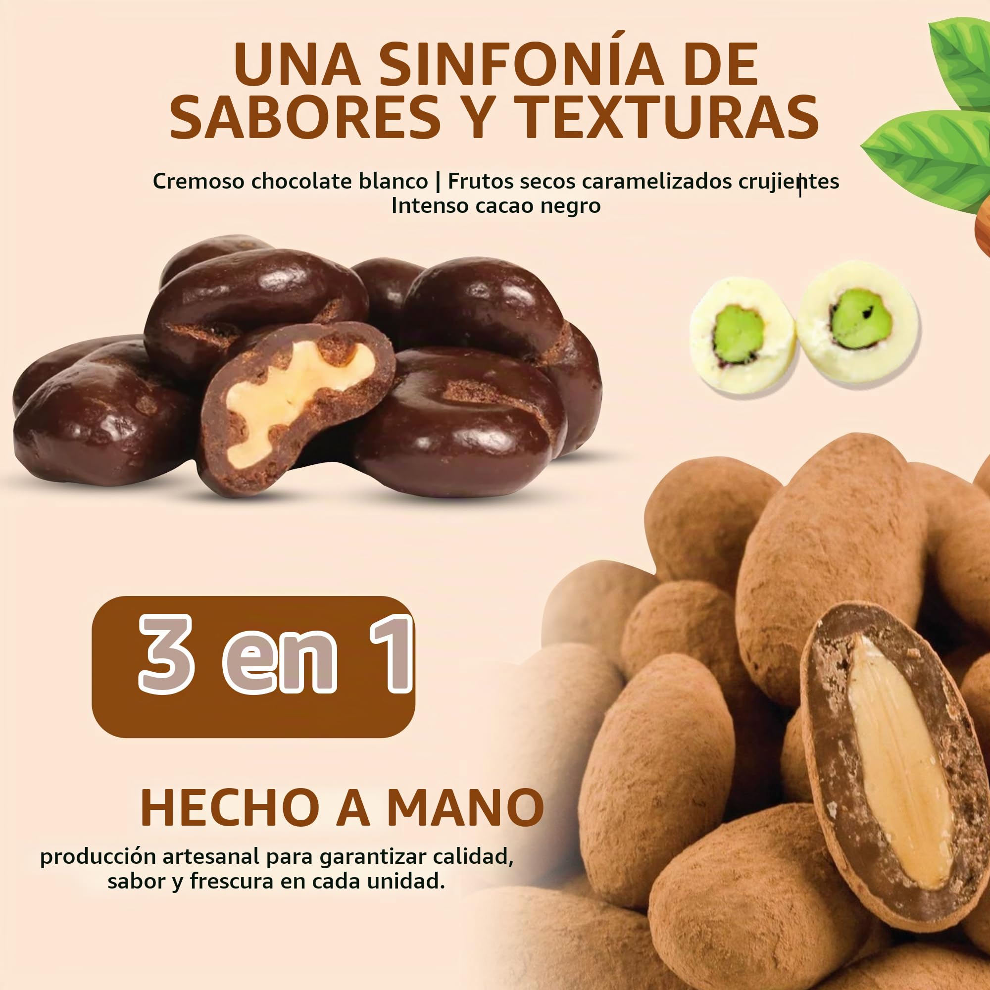 Chocolates Gourmet en Caja de Madera con Almendras, Pistachos y Nueces, Tres Chocolates | Caja Chocolate para Regalar, Chocolate Regalo, perfecto para San Valentín, Cumpleaños y Regalos Originales