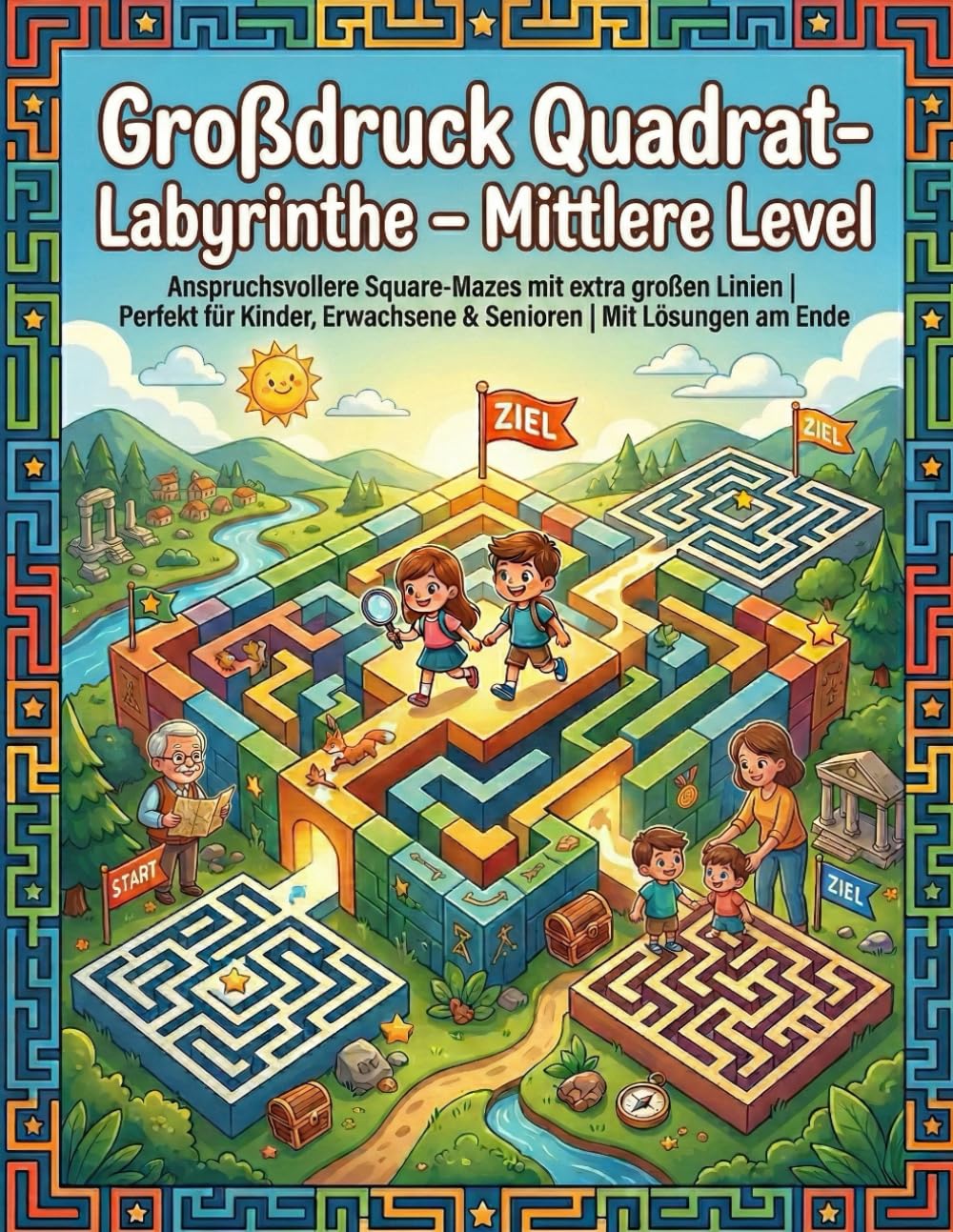 Großdruck Quadrat-Labyrinthe – Mittlere Level: Anspruchsvollere Square-Mazes mit extra großen Linien | Perfekt für Kinder, Erwachsene & Senioren | Mit Lösungen am Ende