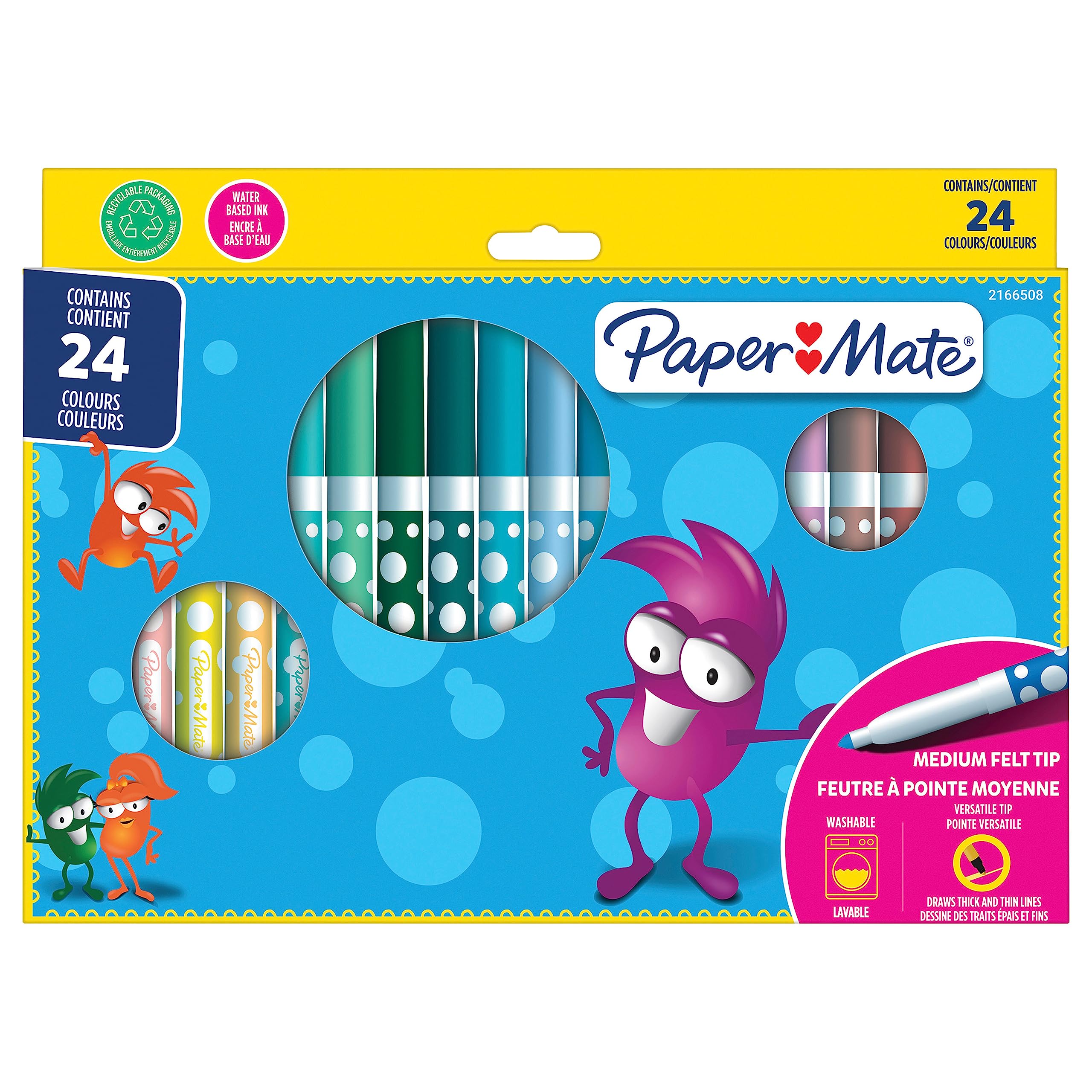 Paper Mate Children's Felt Tip Colouring Pens | Washable | Assorted Colours | 24 Fibre Tip Markers