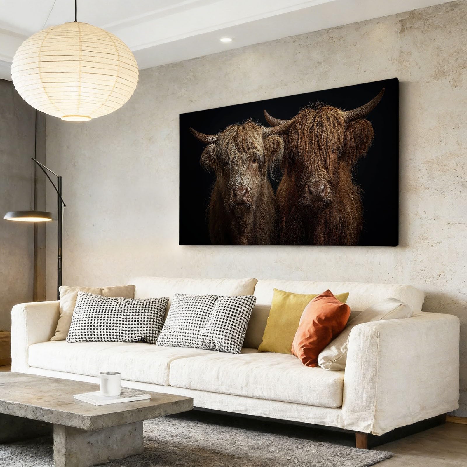 Stampa artistica su tela, stampa su tela con mucca delle Highland Animal, 99 x 50,8 cm, dipinti senza cornice, immagini rustiche da parete, poster neri o soggiorno, bagno, camera da letto, corridoio
