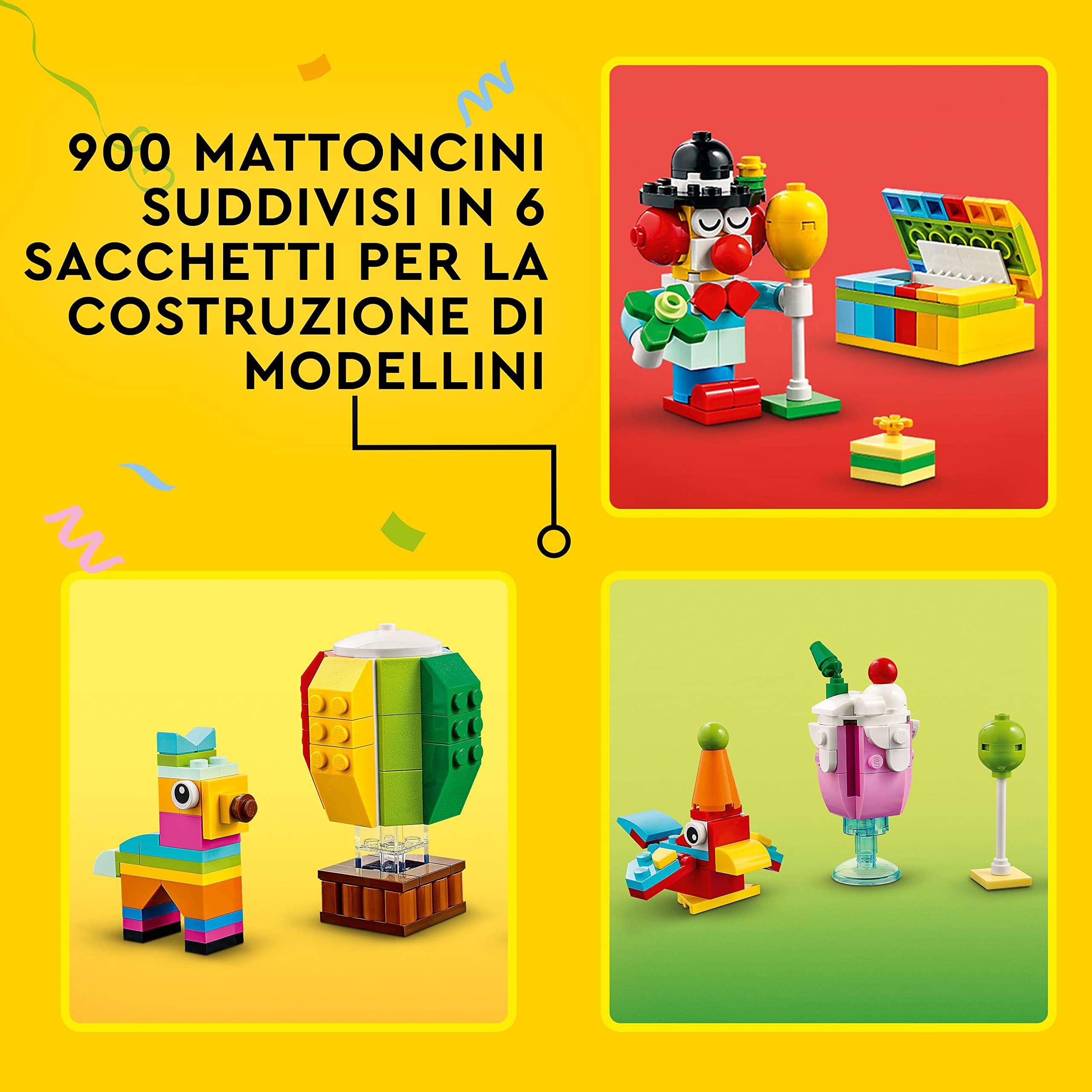 LEGO Classic Party Box Creativa, Animali Giocattolo per Bambini e Bambine, Giochi da Condividere in Famiglia con 12 Mini-Costruzioni: Orsacchiotto, Clown e Unicorno 11029
