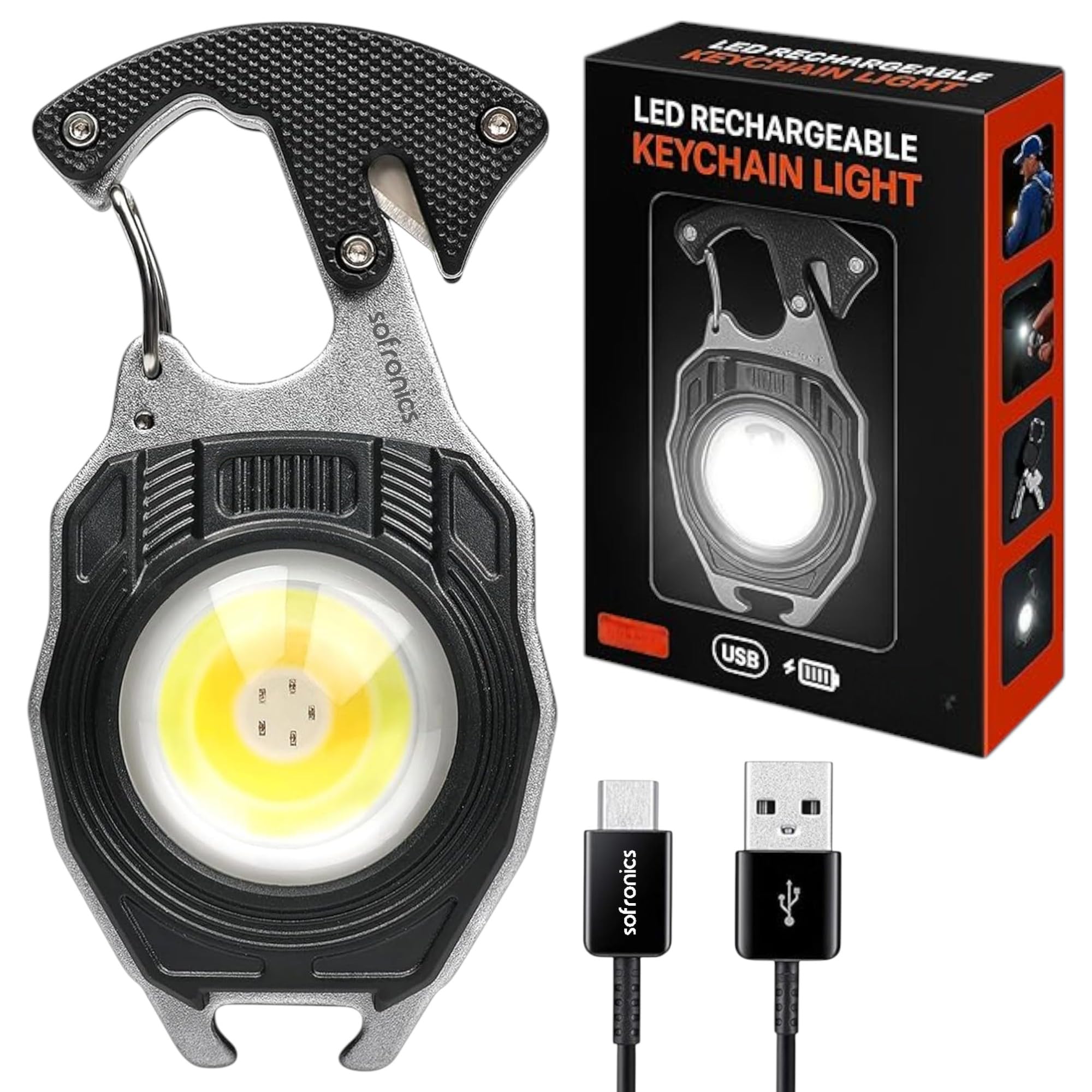 sofronics keychain led flashlight 7 light modes cob work light 1600 lumens rechargeable torch with lighter, whistle, screwdriver, bottle opener, magnet emergency multitool for camping, outdoor use
