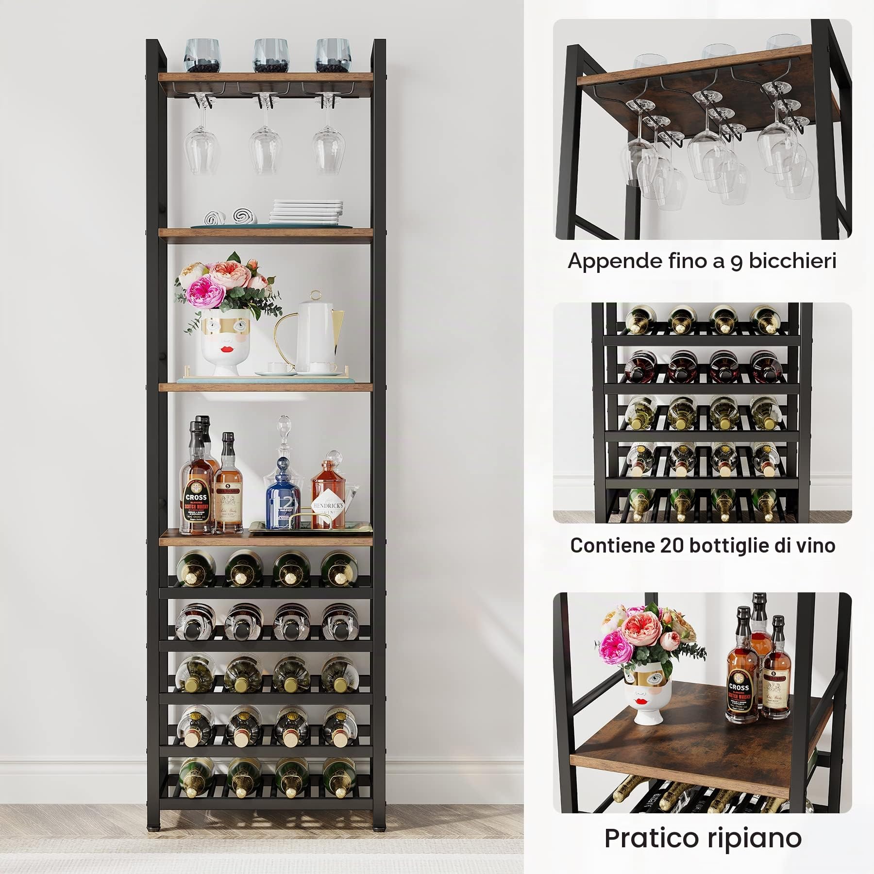 Tribesigns Set di 2 Portabottiglie da Terra, Cantinetta Portabottiglie Scaffale per Vino con Portabicchiere in Legno da 20 Bottiglie, per Enoteca, Cucina, Sala da Pranzo, Marrone Rustico