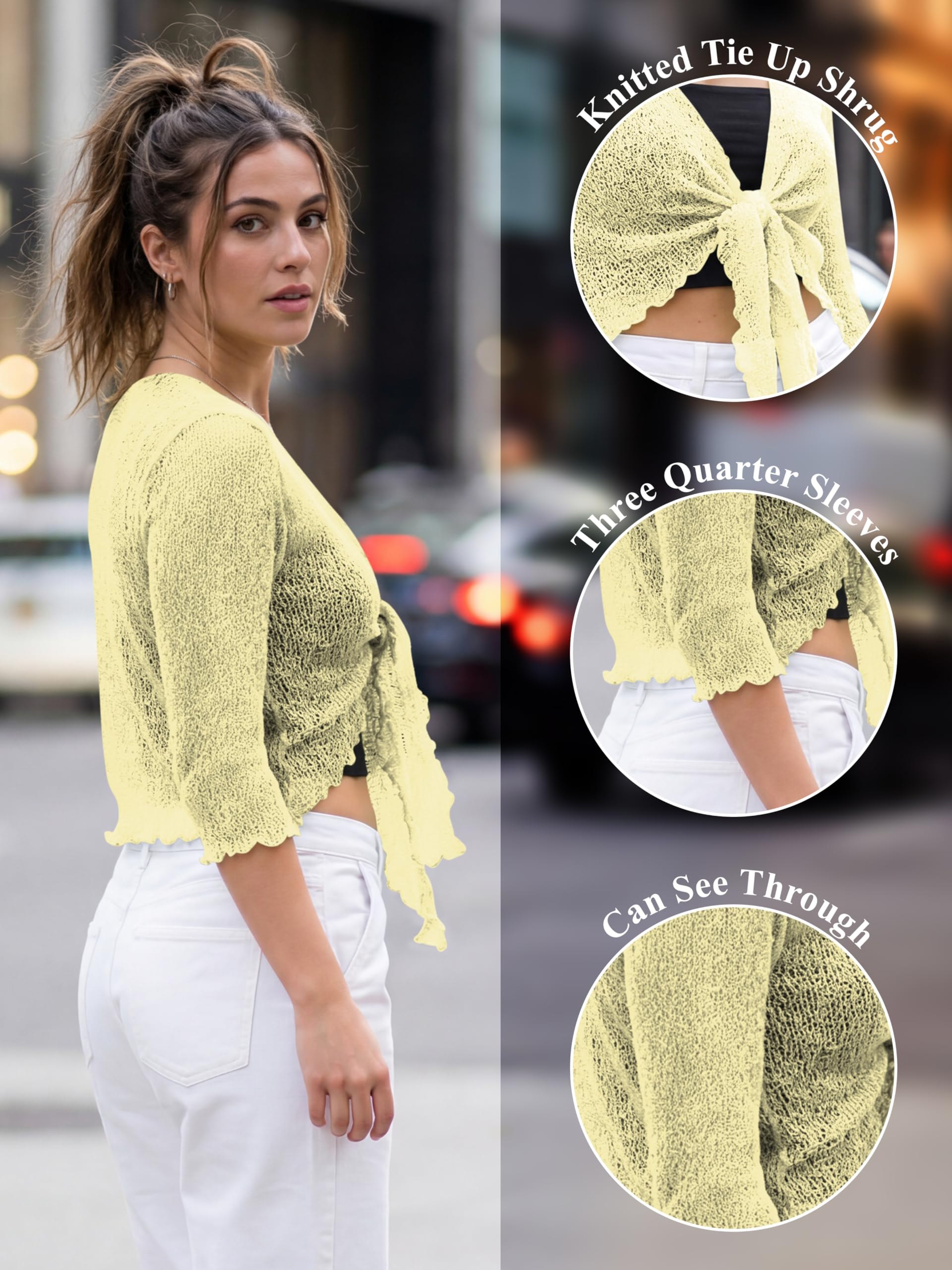 Love My Fashions Camicetta per Donna a Rete Lavorata a Maglia Corta con Allacciatura Coprispalle, Manica a 3/4 Cardigan Elasticizzato Camicetta Leggera