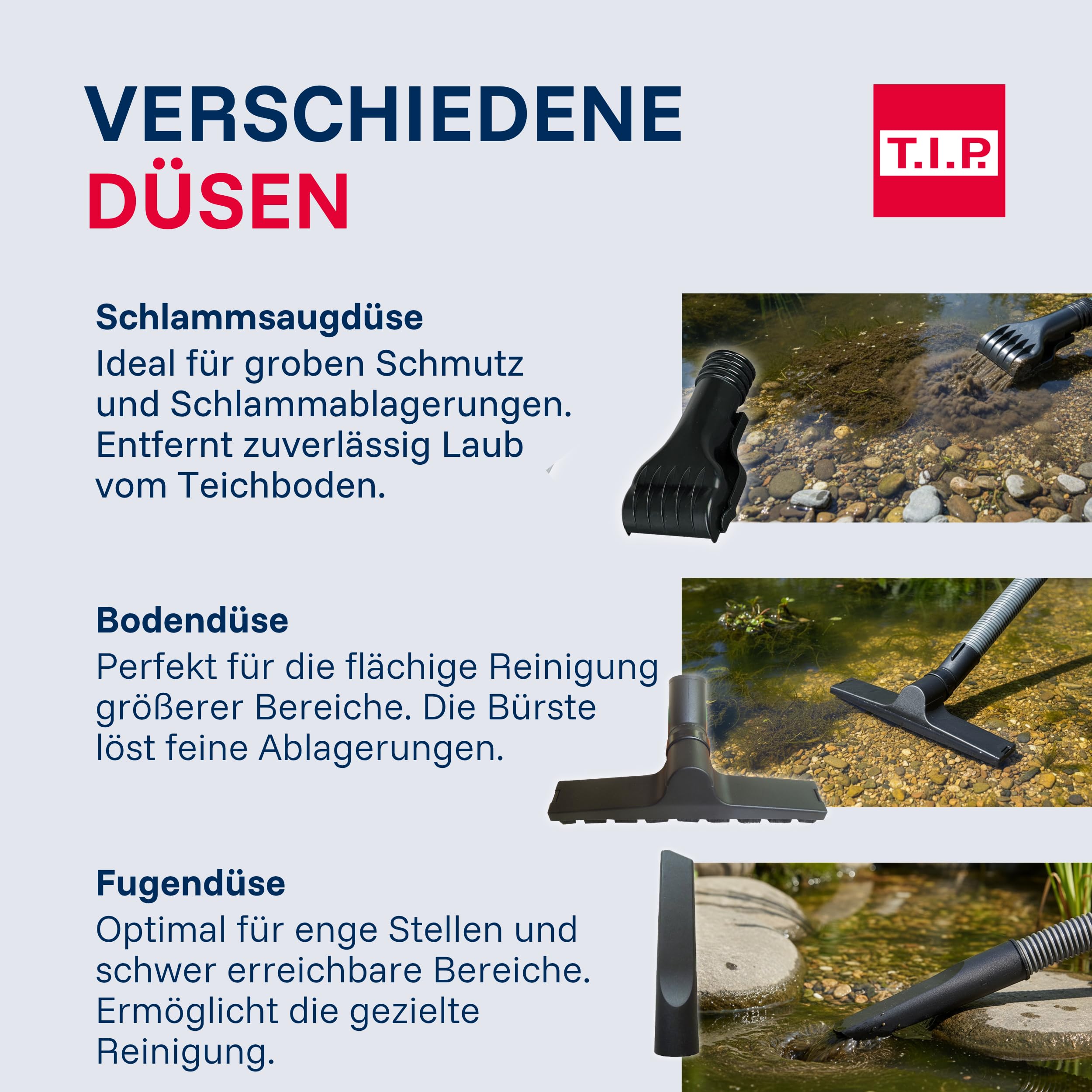 T.I.P. Teichschlammsauger - Poolsauger (Tankvolumen 30 l, Saugrohr 2m – vierteilig – 2X transparent, Flachdüse für Teichschlamm, Grobfilter und Schmutzauffangsack, Rückschlagkappe) TSS 1600 K, 30519