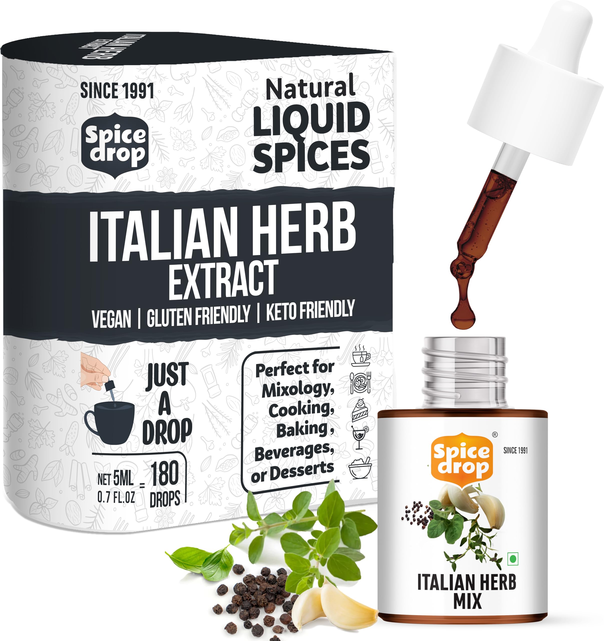 Spice Drop Italian Seasoning Extract | 100% Natural | Pasta, Pizza, Spaghetti, Gourmet Dishes | 5ml (180 drops) | Herb Extract | Vegan | Keto & Paleo Friendly | Squeeze, Drop And Stir