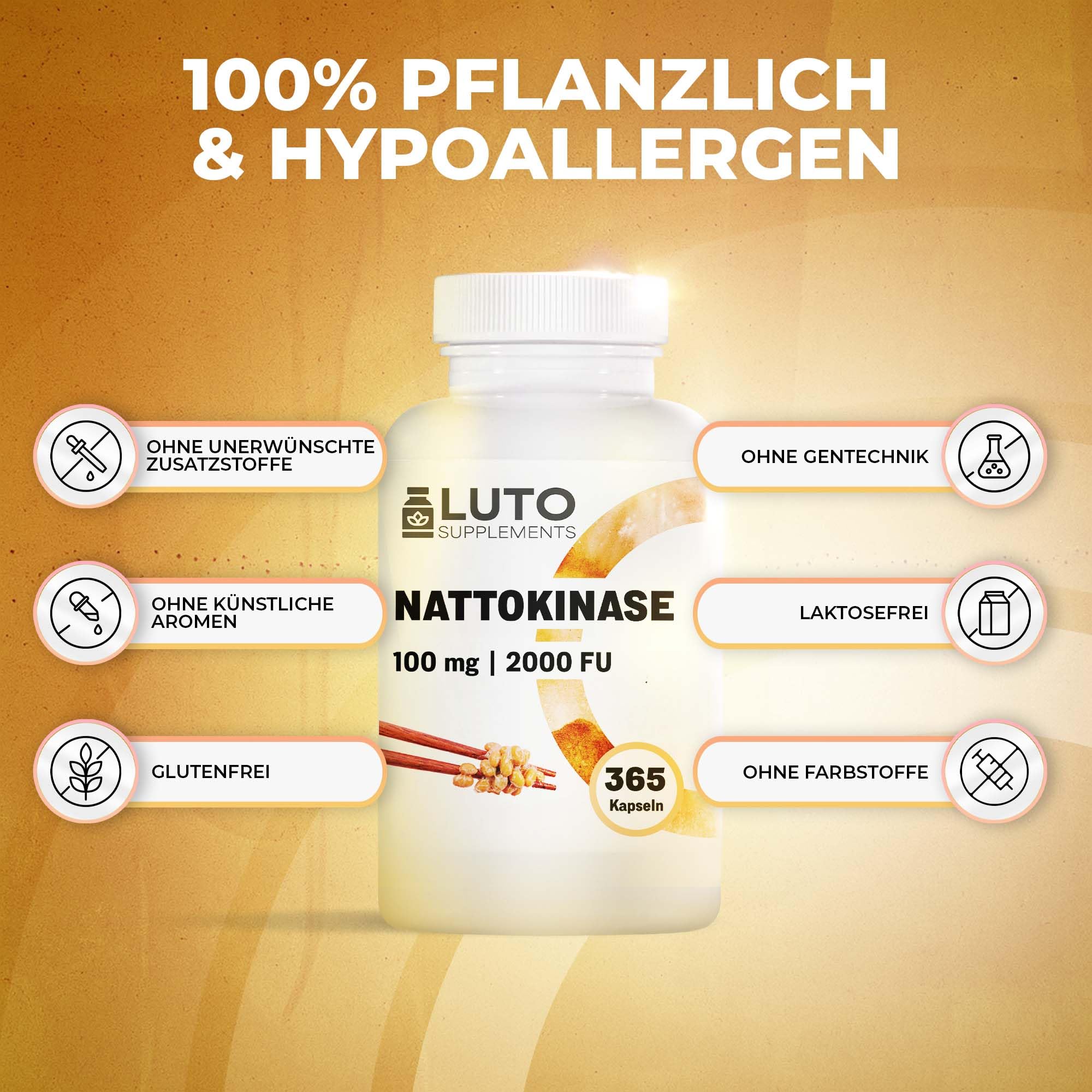 Nattokinase - 365 Kapseln - 100 mg (20.000 FU/g) - 12 Monate Vorrat - Laborgeprüft - hochdosiert - vegan - aus GVO-freiem Soja - ohne unerwünschte Zusätze - LUTO Supplements