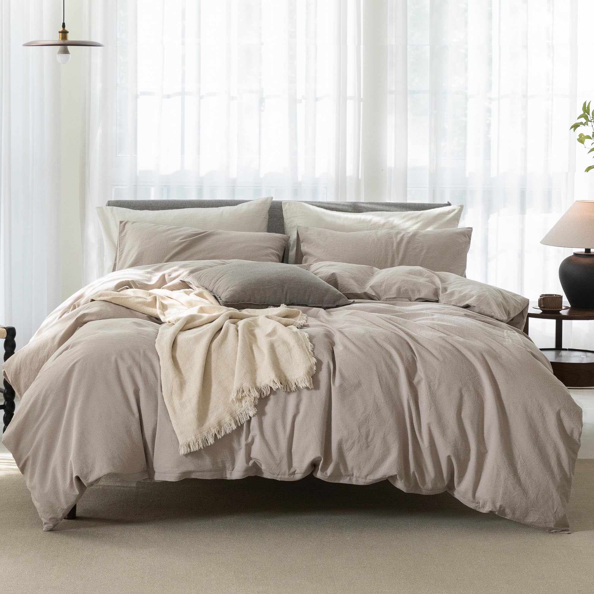 Photo 1 of ELIMMO Oversized King Cooling Duvet Cover Set - 3 Pieces 100% Cotton Bedding, Breathable, Crisp Linen-Like Texture, Naturally Soft & Gets Better?Hidden Zipper & Corner Ties – Beige Grey, 120"x98"