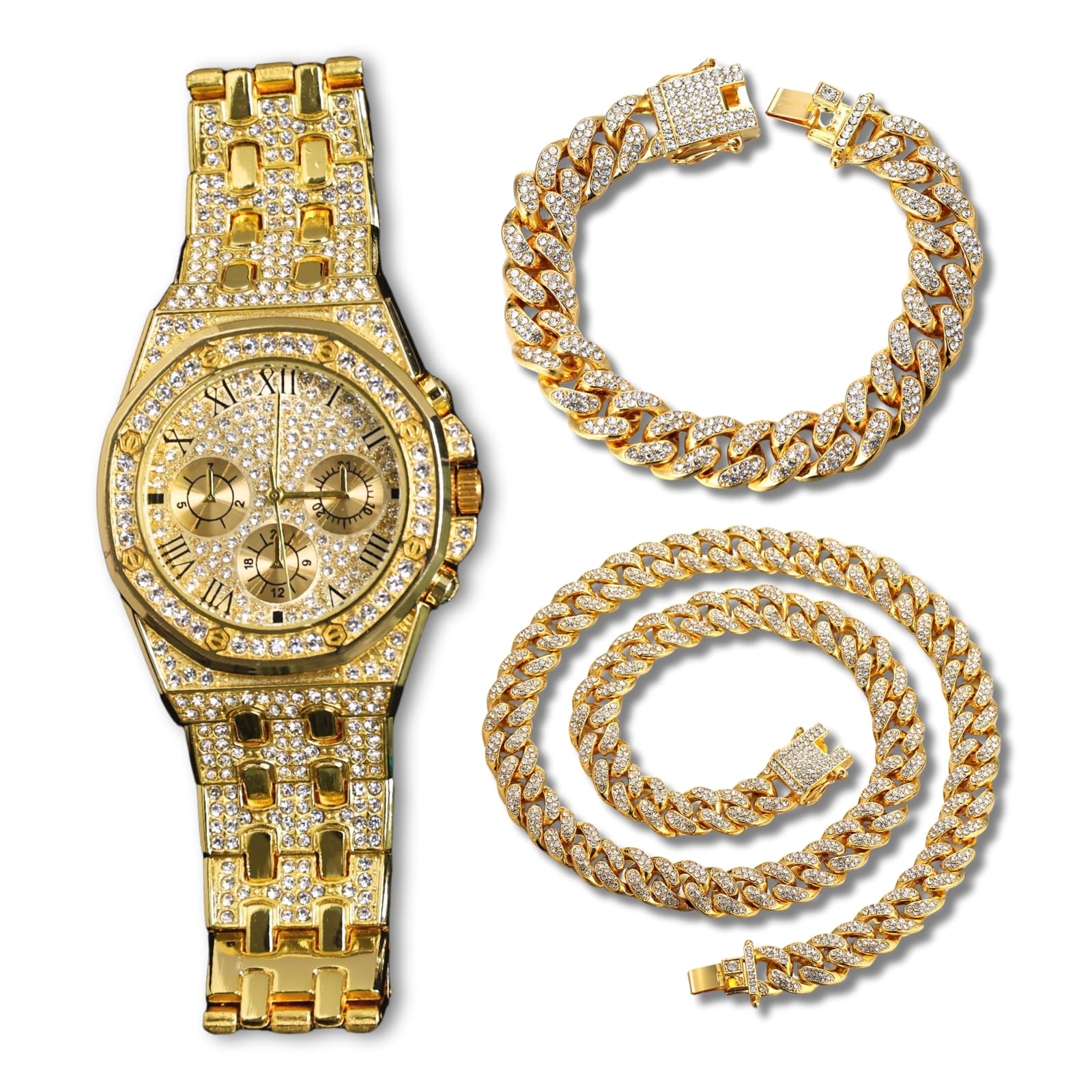 Orologio con Diamanti per Uomo – Quadrante Ottagonale 38mm con Numeri Romani – Placcato in Oro 18K/Platino 23cm – Quarzo Giapponese – Gioiello di Lusso – Può essere Abbinato a Catena Cubana