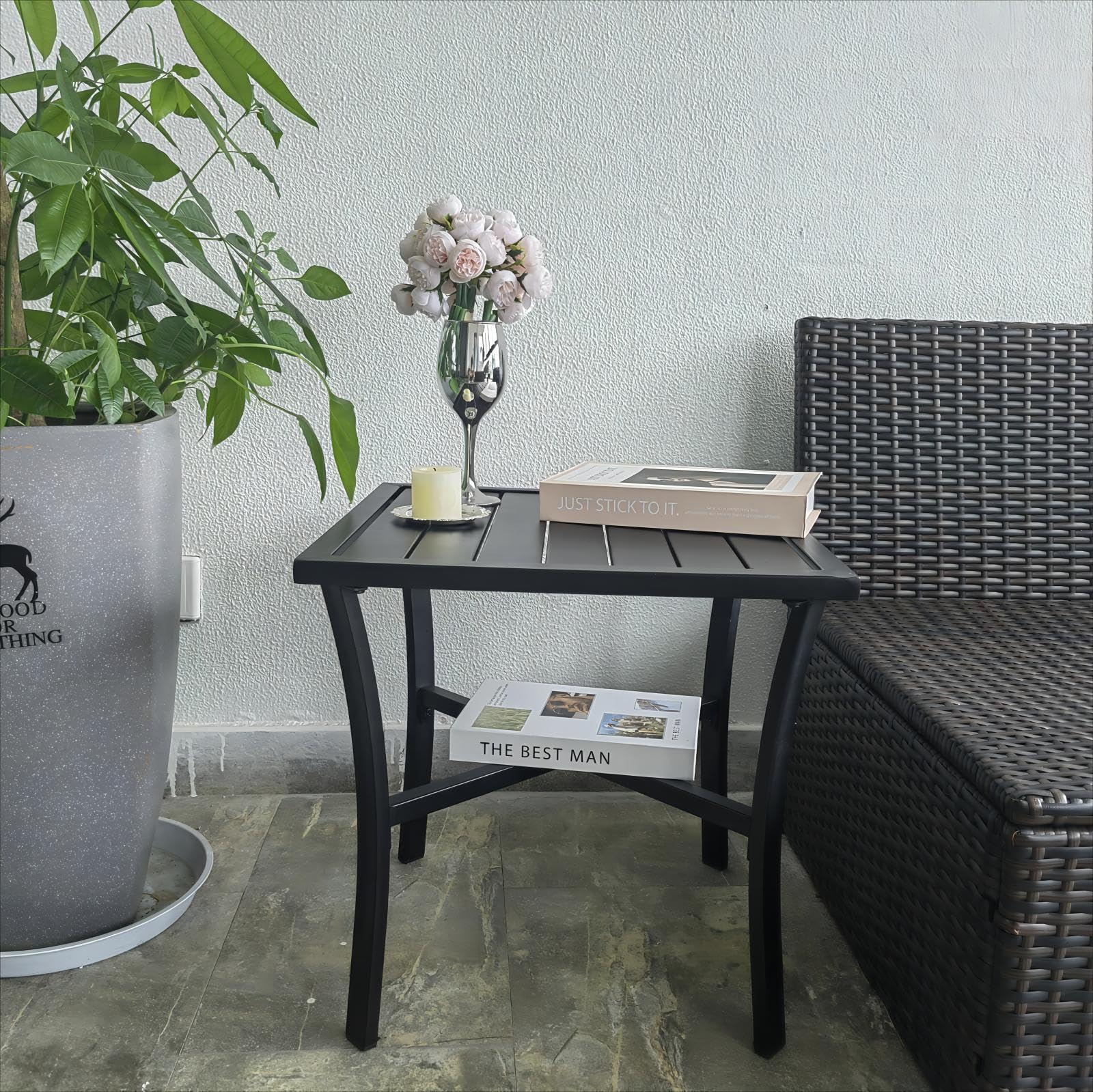 Mesa auxiliar de acero para exteriores, para patio, piscina, compañero de interior, fácil mantenimiento y resistente a la intemperie, color negro 5