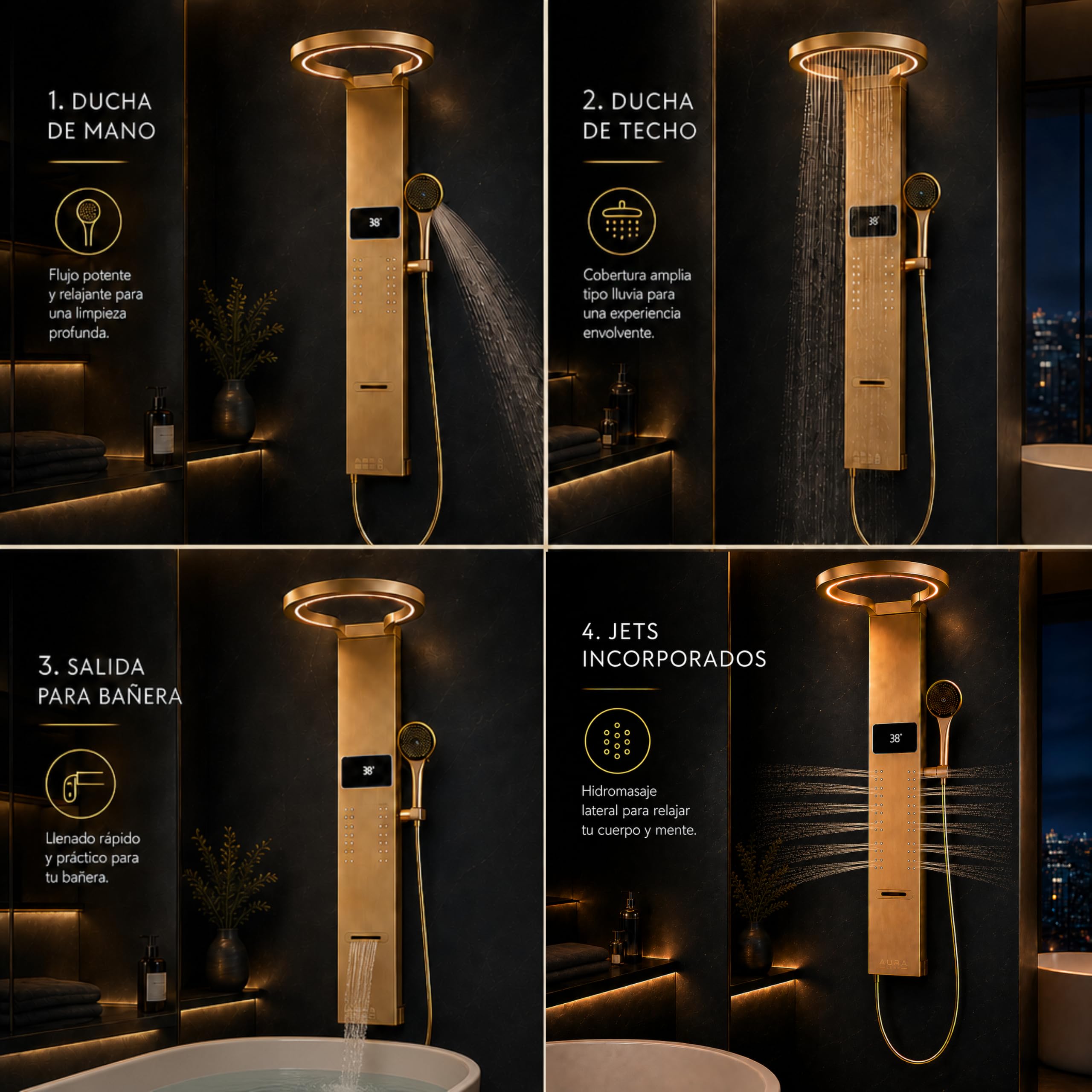 INEX EUROPA Panel de Ducha Termostática de Lujo Gold - Columna de Ducha Hidromasaje 10 Años de Garantía con 4 Modos de Operación - Torre de Ducha 105 cm Altura Daytona Collection