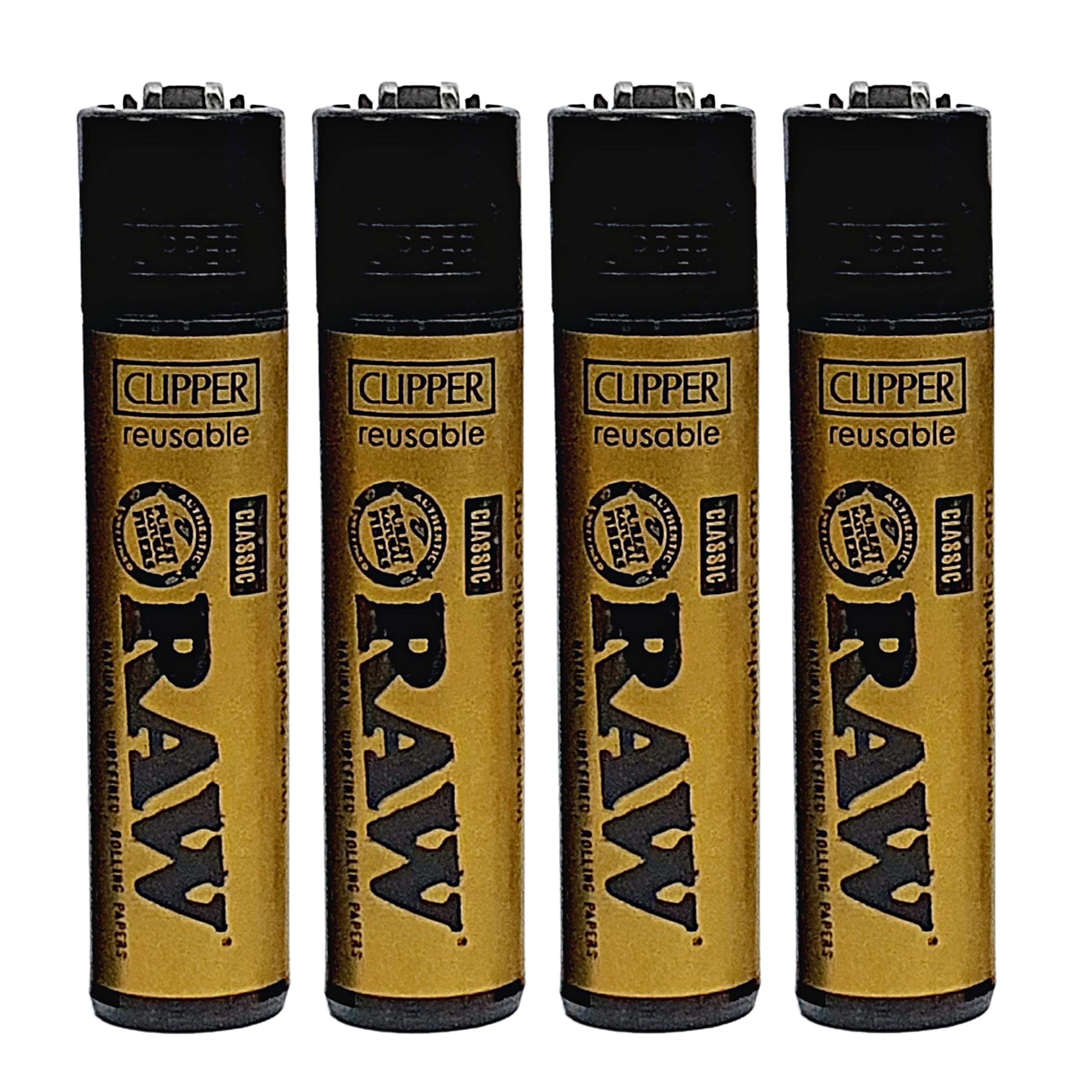 Zactly - Set of 4 Clipper Lighters, Various Designs, Regular Refillable Standard Size Lighter Replaceable Flint (Raw Golden)