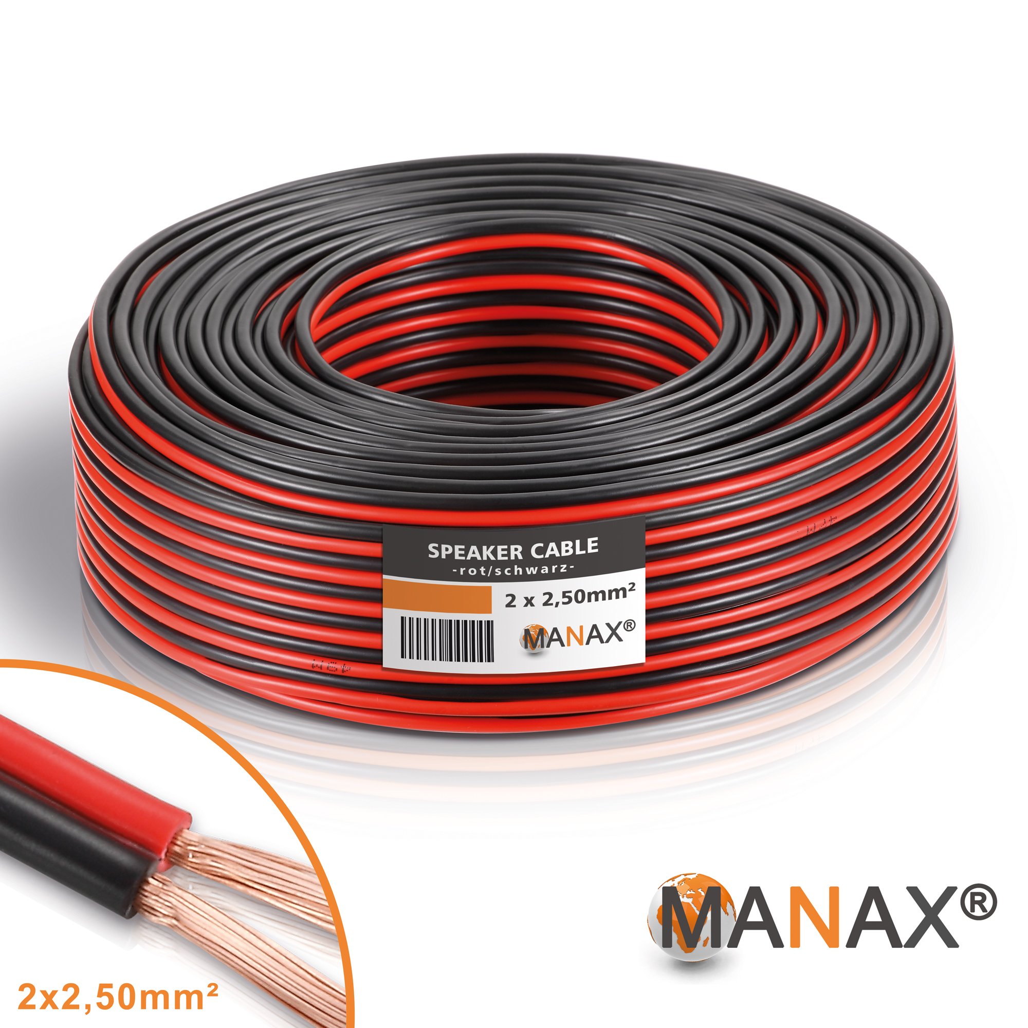 Câble Haut-Parleur Manax 2x1,5mm² - 25m Rouge/Noir - Anneaux