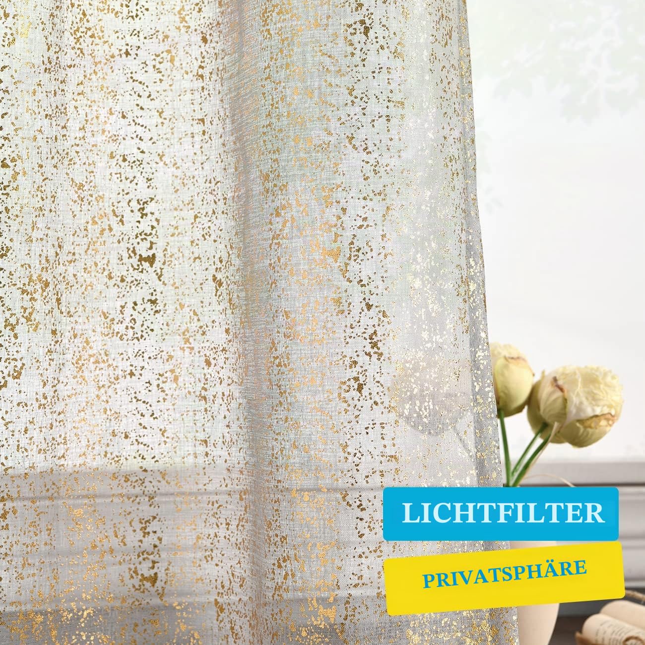 TERLYTEX Grau Gold Durchsichtige Vorhänge 213 cm Länge, Metallic Goldfolie Glitzer Durchsichtige Vorhänge für Wohnzimmer, 2 Paneele, Grau Gold