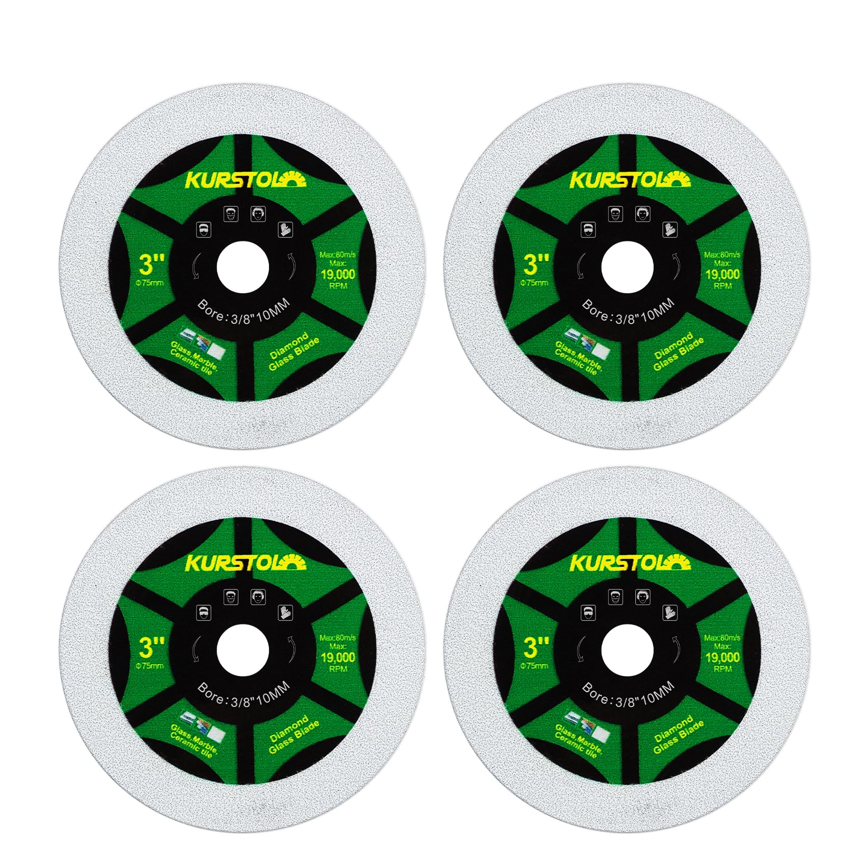 KURSTOL Diamond Glass Saw Blade - 4pcs 75mm Cutting Disc for Glass, Jade, Crystal, Wine Bottle, Ceramic Tile with 10mm Bore for Mini Angle Grinder