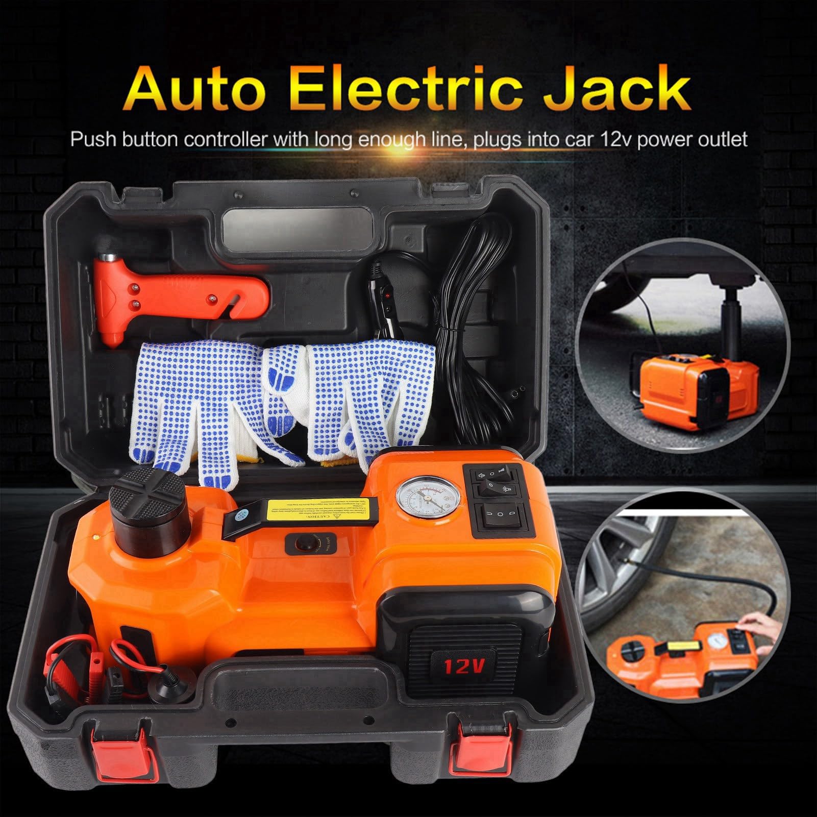 Gato Hidráulico Eléctrico 5 Toneladas, Kit Ruedas 12V con Maletín Plástico, Equipo Asistencia Carretera con Linterna LED, Rango Elevación 135-360mm