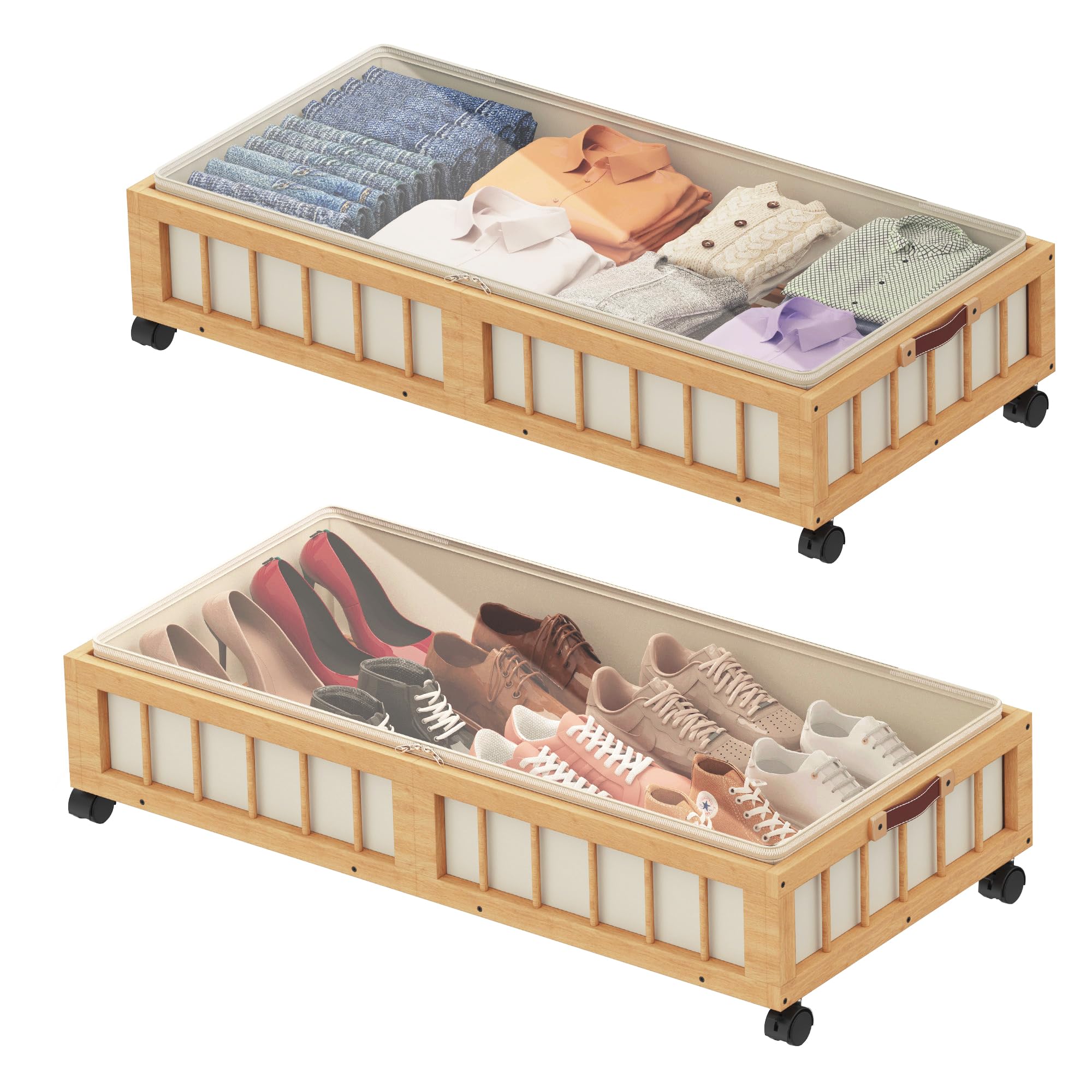 efluky 2-Pack Bamboo Under Bed Storage with Wheels, Rolling UnderBed Storage Basket with Large Dust Bag, Under Bed Storage Containers for Bedroom,