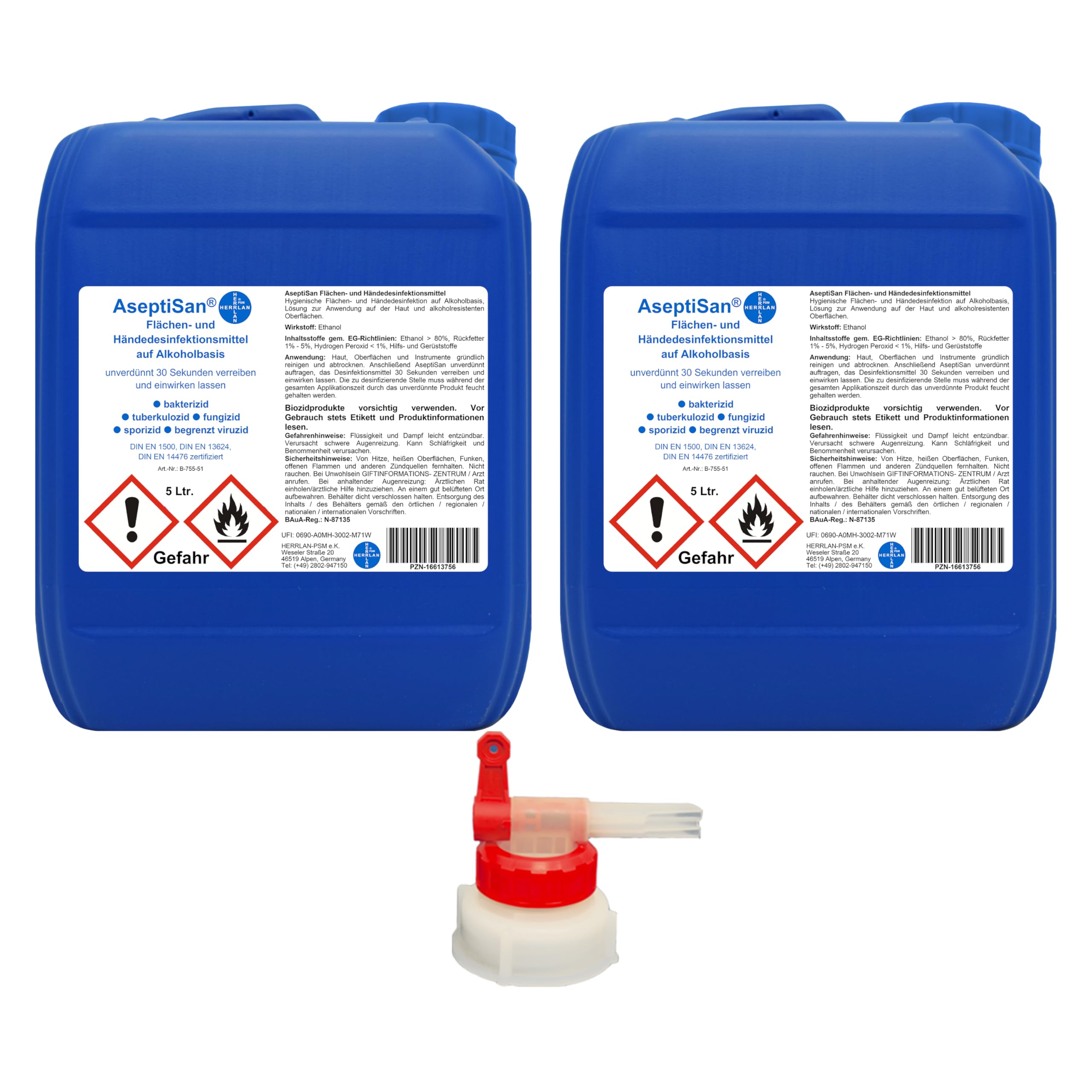 AseptiSan - 2 x 5 Ltr. Kanister inkl. 1 x AGH Flächen- und Händedesinfektionsmittel Pharmazentralnummer-16613756 HERRLAN Qualität Made in Germany