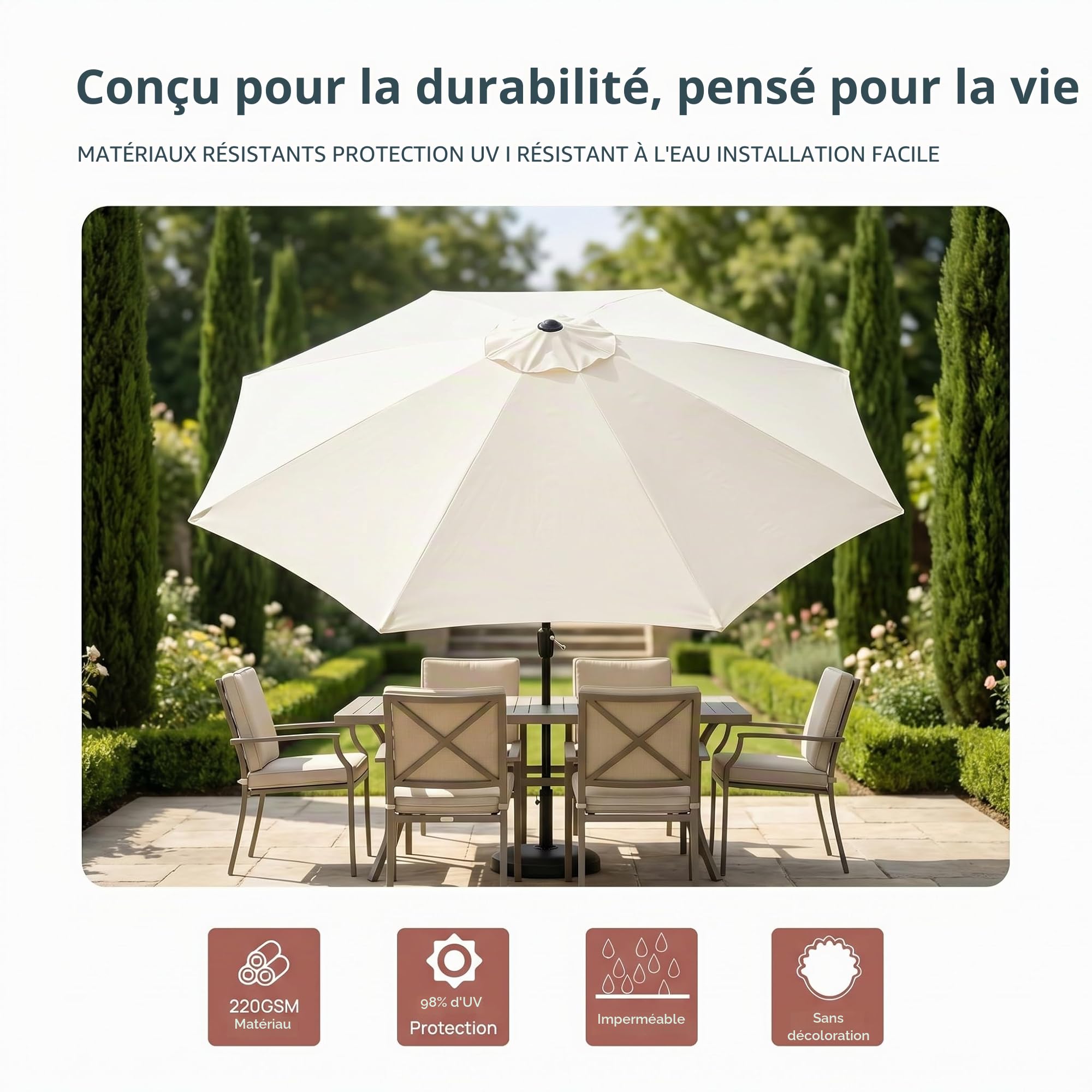 Toile de rechange épaisse et solide pour parasol de terrasse, 3 m, 8 baleines, beige (Cadre de parasol non inclus, auvent seulement)