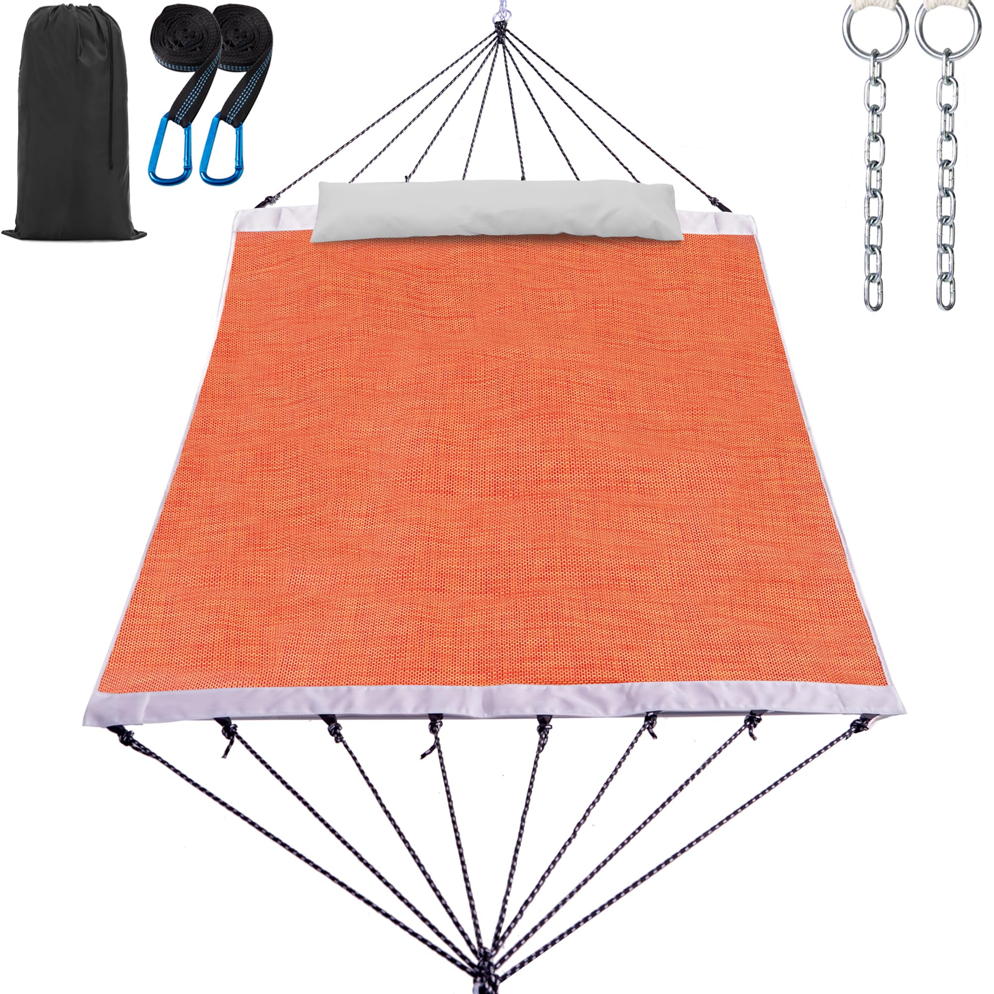 14ft Two Person Outdoor Hammock, Portable Camping with Folding Steel Spreader Bar, Carrying Bag, Carabiners, Tree Straps, Pillow & Sidebag, Quick Dry Textilene Fabric, 550 lbs Capacity (Sunset)