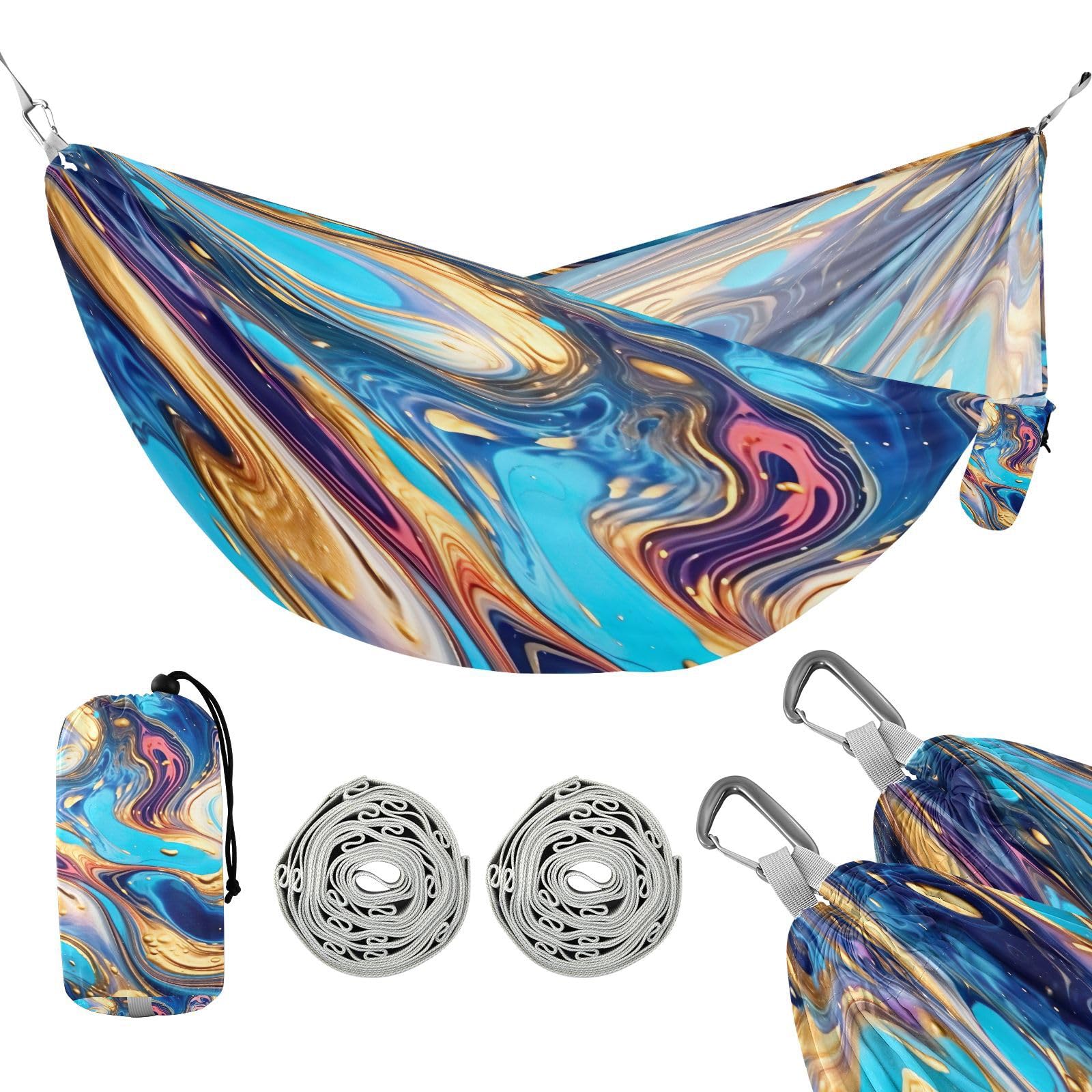SDMKA Colorful Marble Pattern Camping Hammock, 330 lbs with 2 Tree Straps, Carry Bag, Single Portable Hammock for Outdoor/Indoor, Hiking, Beach, Backpacking, Travel