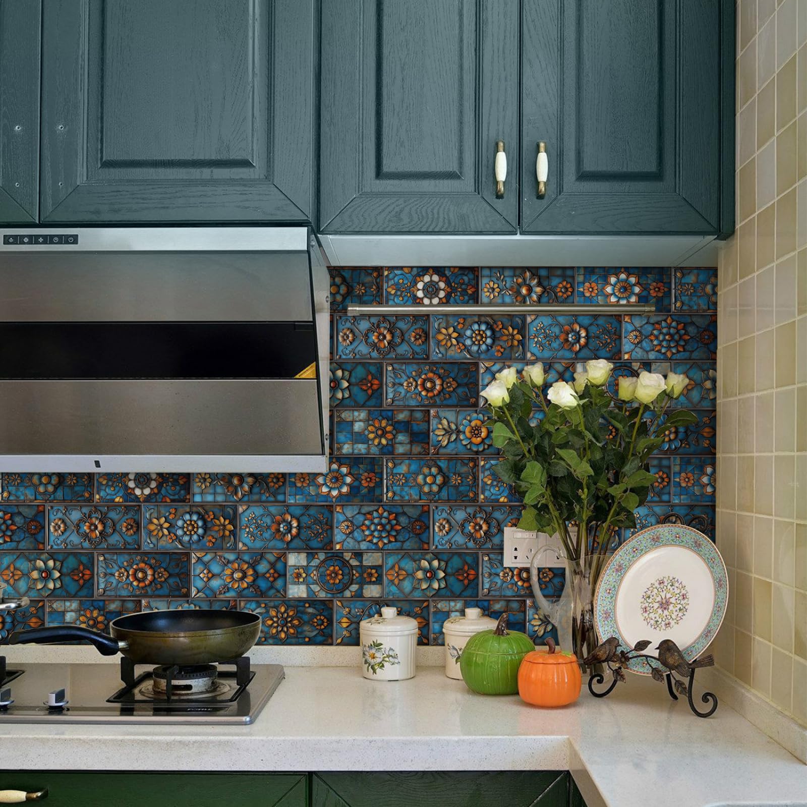Azulejos Adhesivos Cocina Flores Azules Naranjas Impermeables Baño Azulejos, Diy Extraíble Vinilo Vinilo Pared Cocina