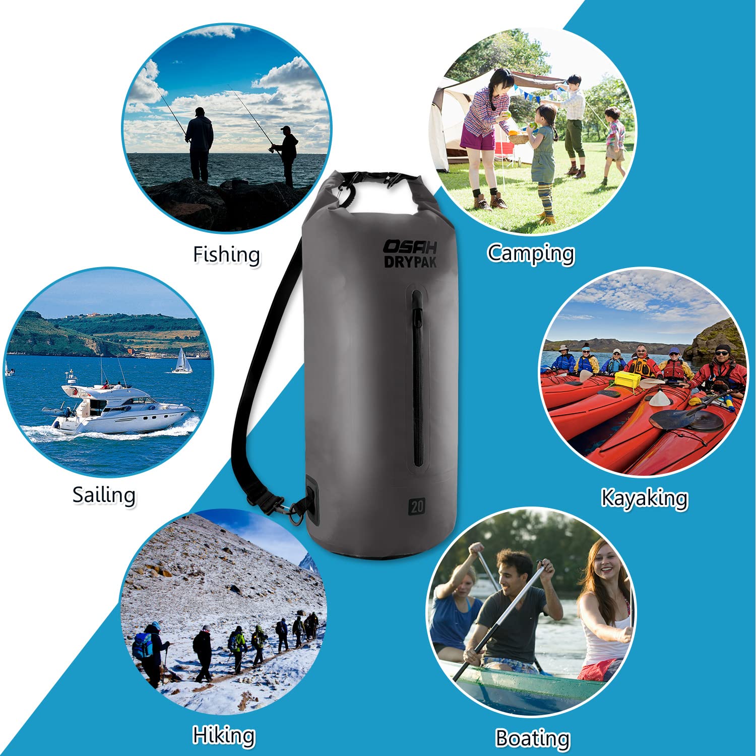 OSAH DRYPAK Borse Impermeabile Sacca Dry Bag 5L 10L 15L 20L 30L con Tracolla Regolabile per Spiaggia Sport d'Acqua Trekking Kayak Canoa Pesca Rafting Nuoto Campeggio