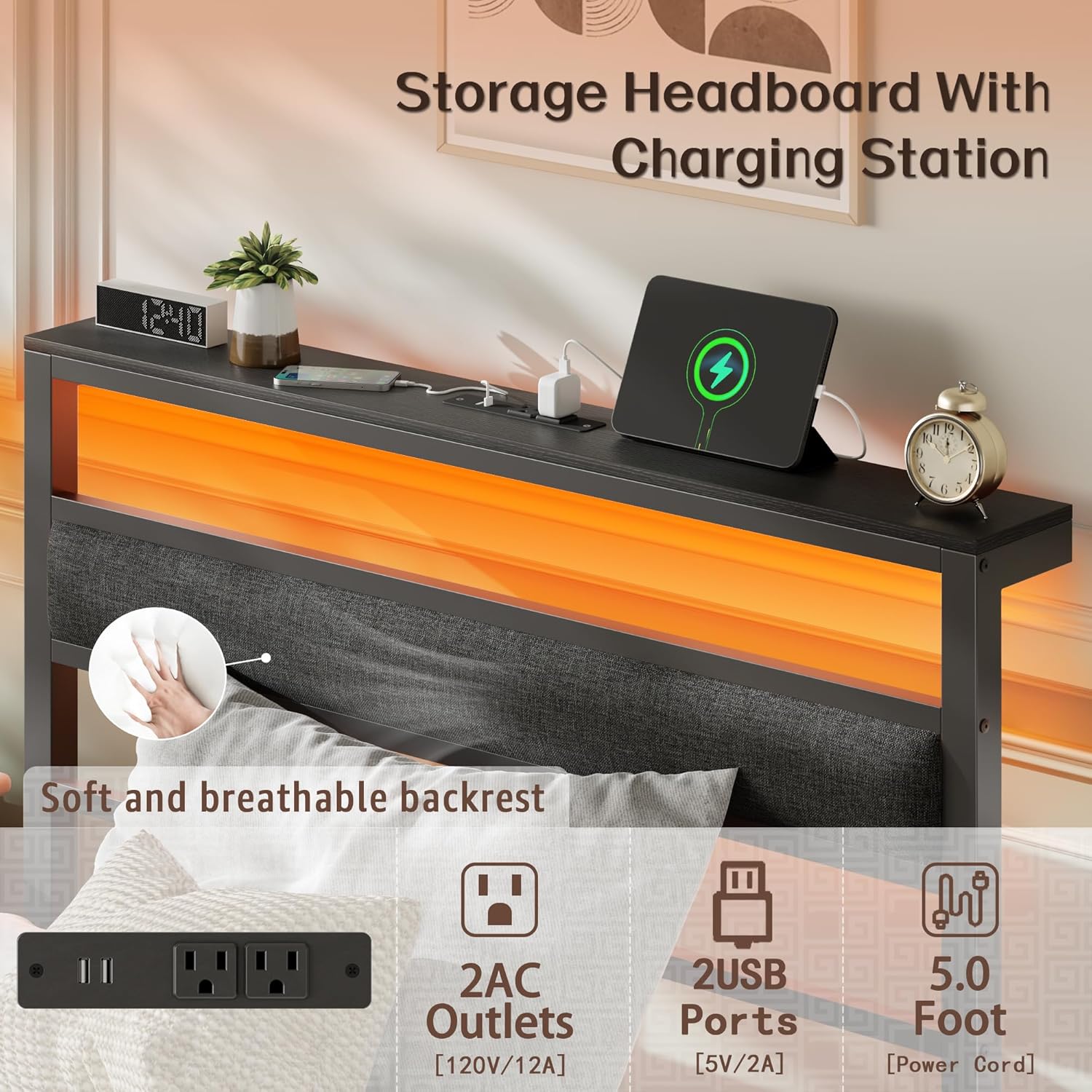 Twin Bed Frames for Kids, Metal Platform Bed Frame Twin Size with Charging Station and LED Lights, Upholstered Headboard and Storage Shelf, No Box Spring Needed, Easy Assembly - Image 5