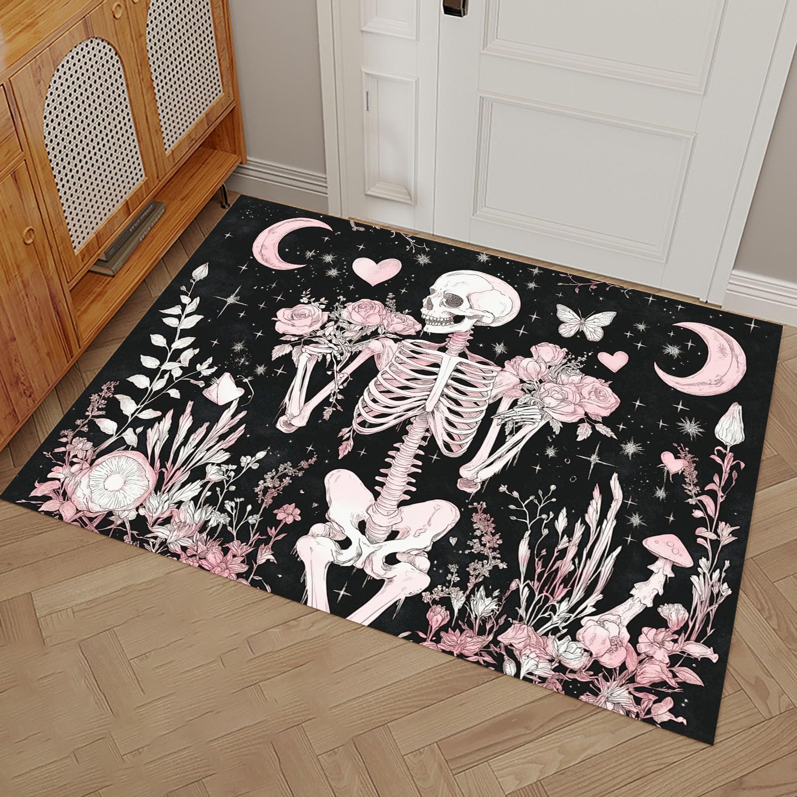 Zerbino per Ingresso 60 x 90 cm, Tappetino Rose Rosa Luna Scheletro Umano, Zerbini Guarigione Stile Oscuro Con Fondo Gomma Antiscivolo per Corridoio, Porta D'ingresso, Camera Da Letto