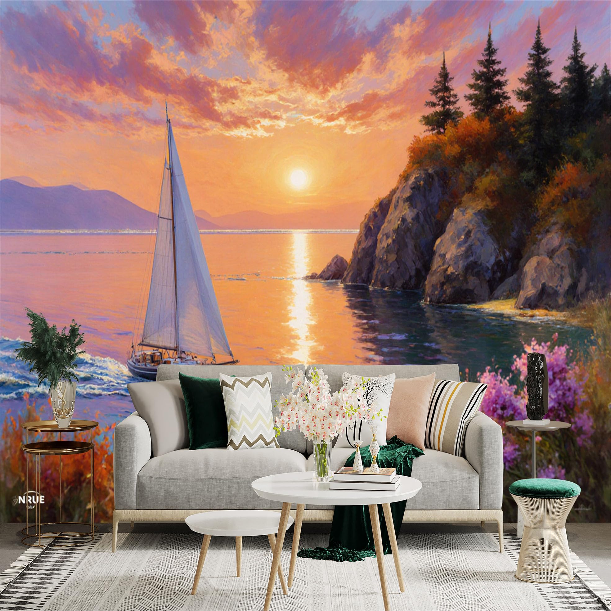 Custom Size Wall Sticker Mural， Sailboat on Sunset Ocean with Rocky Coast and Colorful Sky， for wall Decoration， peelandstick wall Decals.