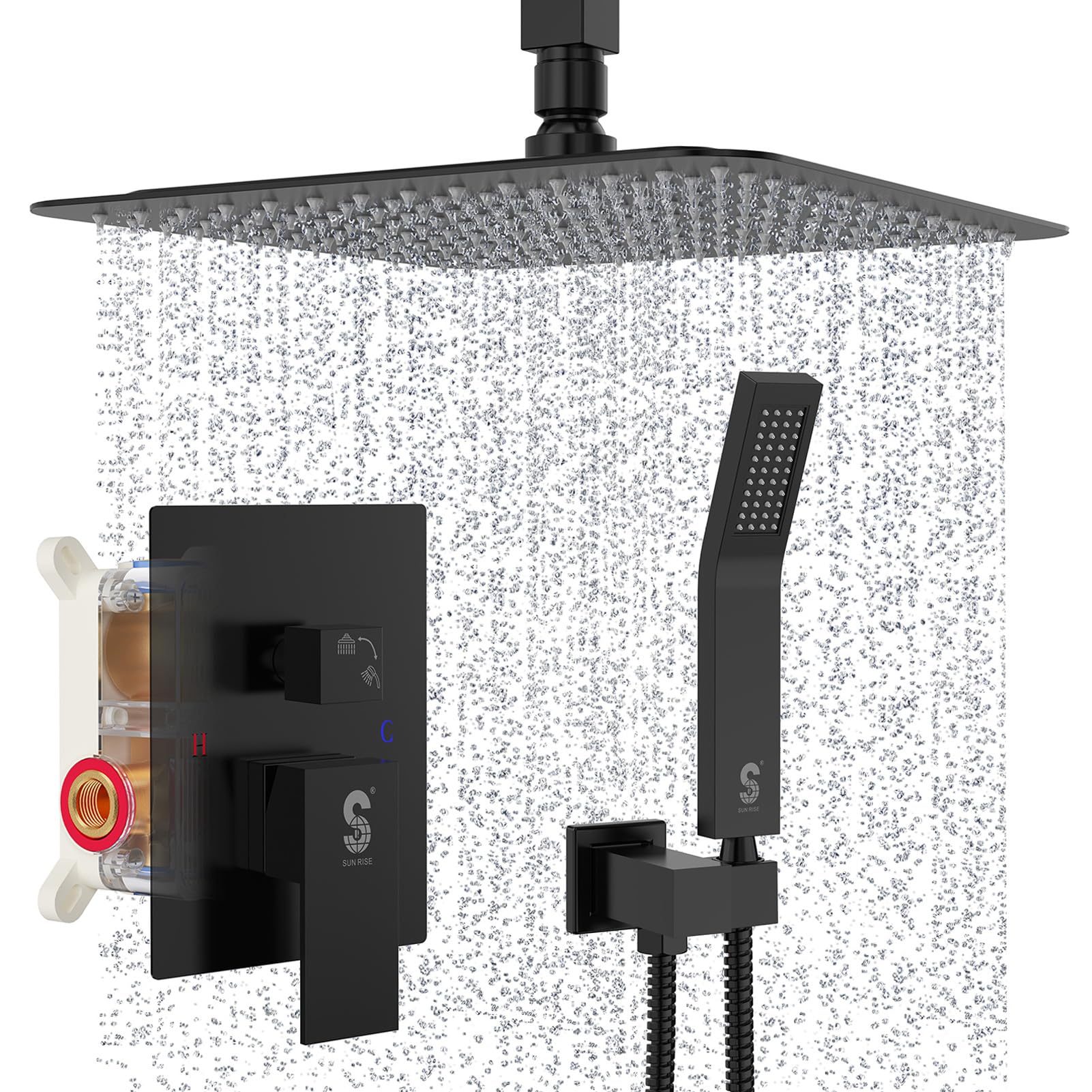 SR SUN RISE 10 Inch Ceiling Mounted Shower System Rain Mixer Shower Combo Set Rainfall Shower Head System Matte Black Shower Faucet Rough-in Valve Body and Trim Included