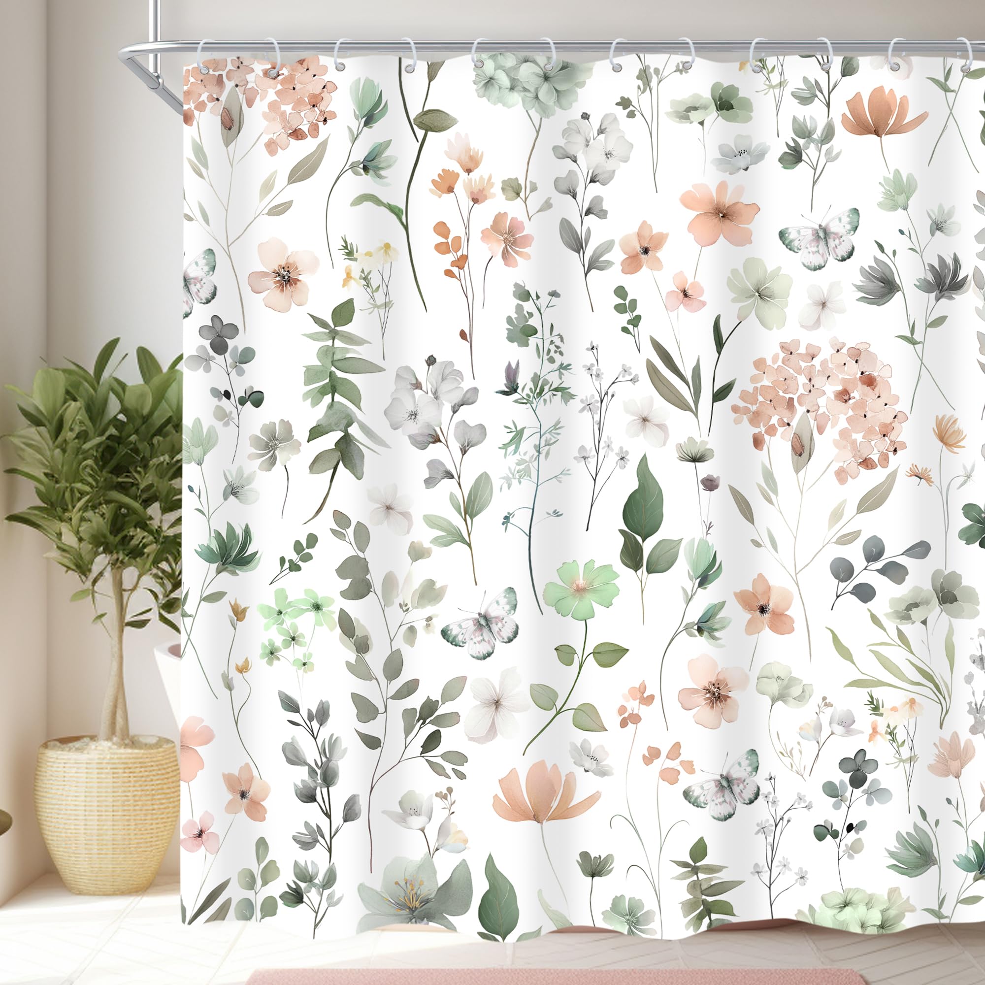 Cinbloo Cute Floral Sage Green Shower Curtain for Women Girls Bathroom, 72x72 with Hooks