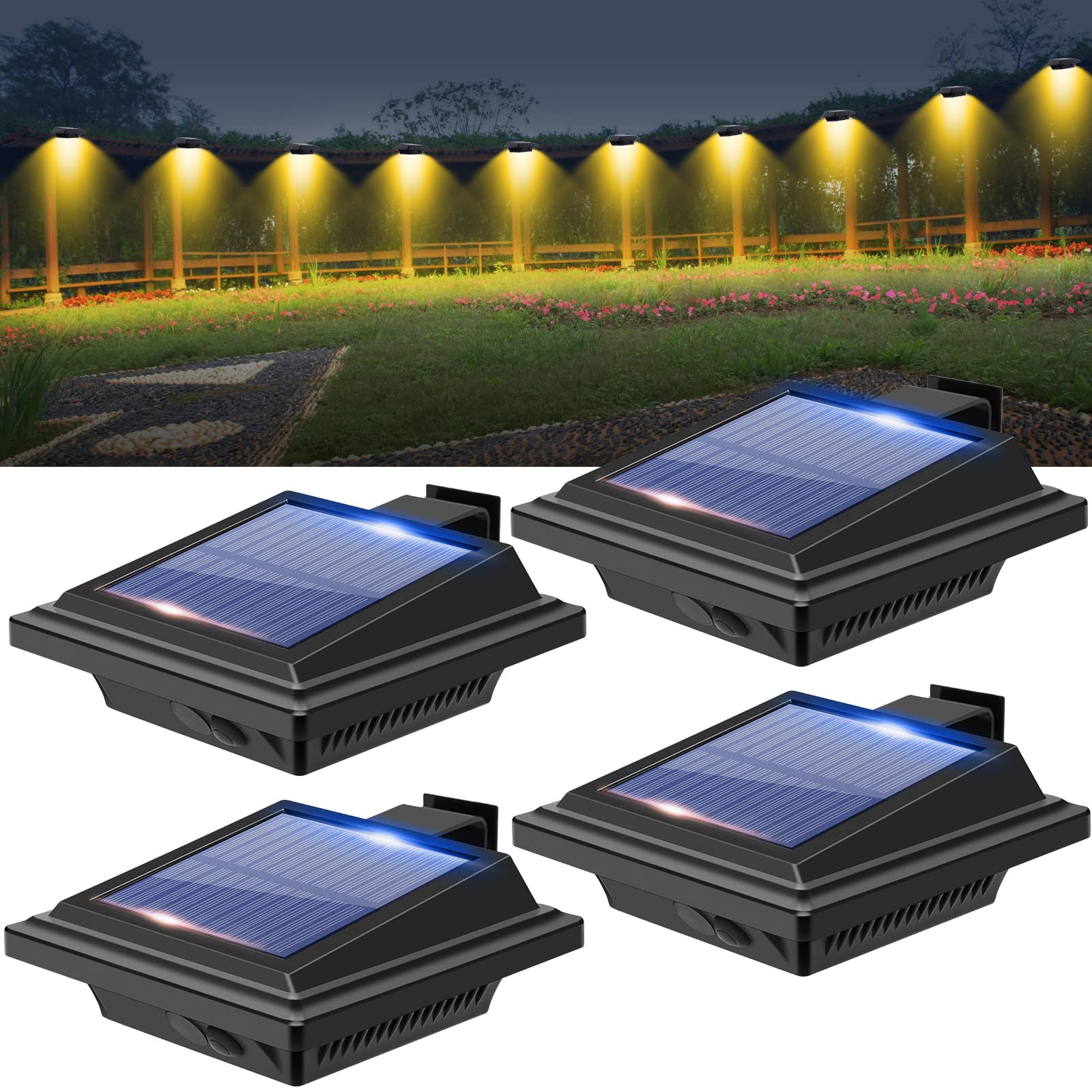 BILLION DUO Solar Gutter Lamp for Outdoor Use, 4 Pieces Solar Lights for Outdoor Garden, Waterproof 40 LEDs Fence Lighting, Black Solar Wall Lamp, Warm White Solar Light for Garage, Patio