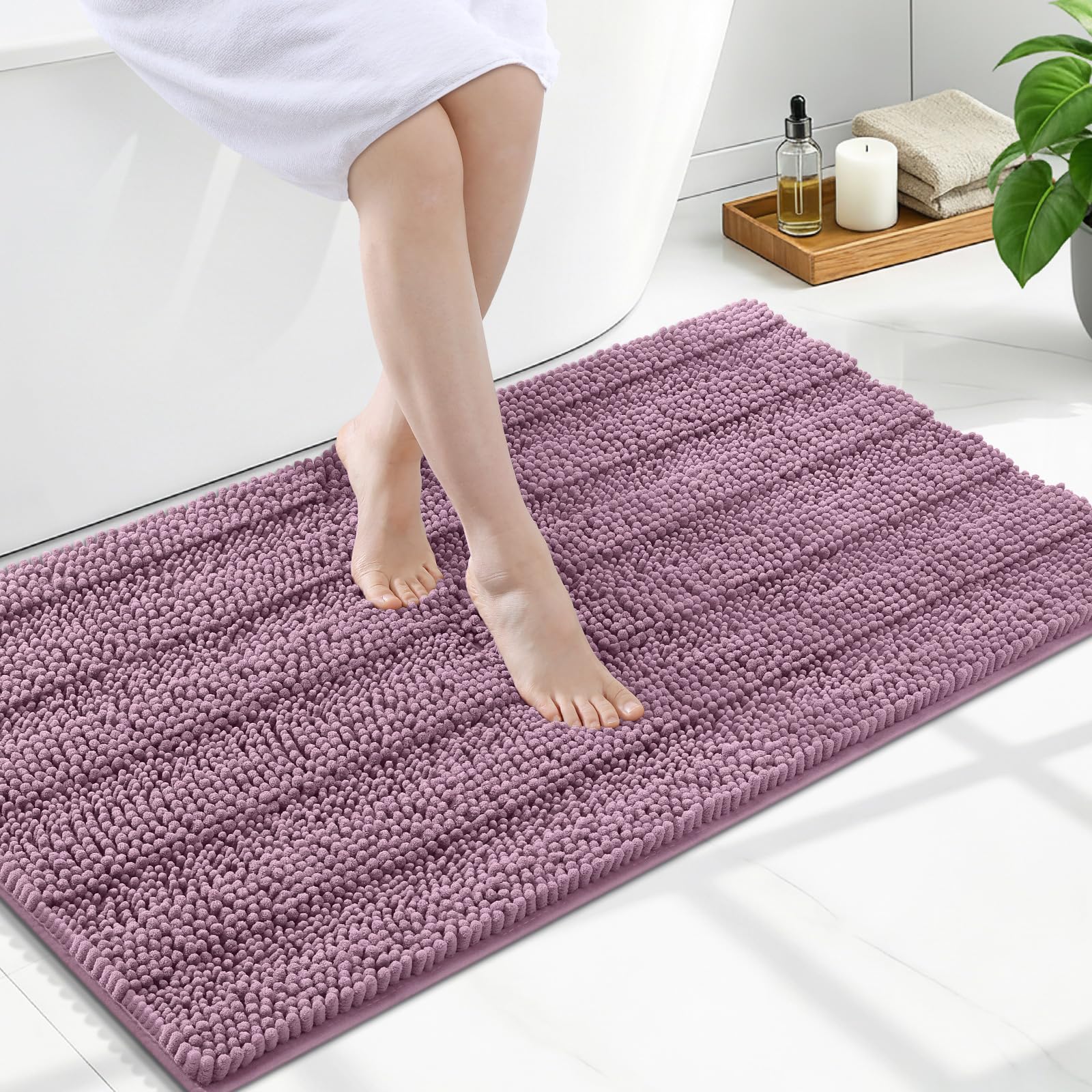 Grandaily Chenille Bathroom Rugs 47x24, Soft Absorbent Bath Mats, Deep Plum