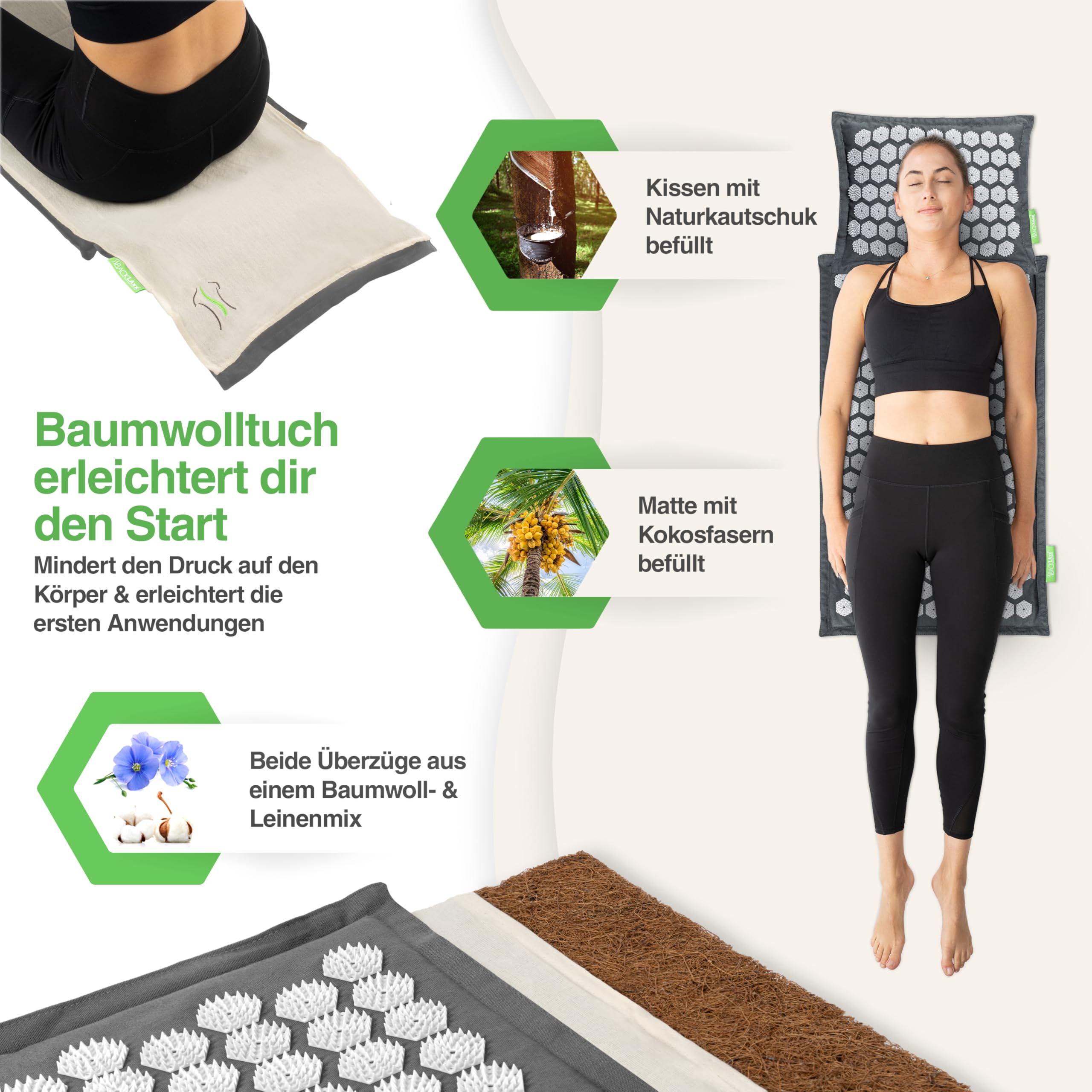 BACKLAXX® Akupressurmatte mit Kissen, Tuch und Tasche | Akupunktur-Matte mit Stacheln zur Massage | Entspannung Akkupressmatte für Nacken & Schulter | Massagematte für Rücken & Ganzkörper