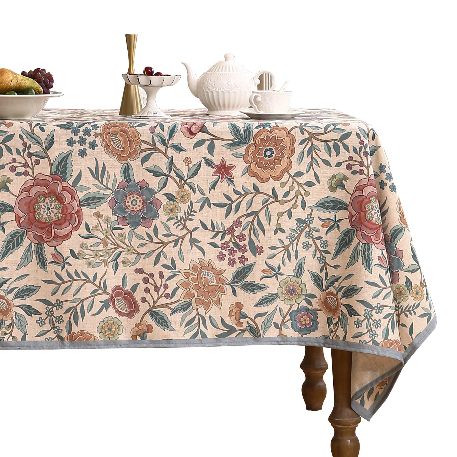 Fall Floral Linen Tablecloth for Rectangle Tables,French Rustic Table Cloth with Colorful Flowers Pattern,Farmhouse Decor for Kitchen Parties Thanksgiving Christmas New Year,55"*71" Flowersh