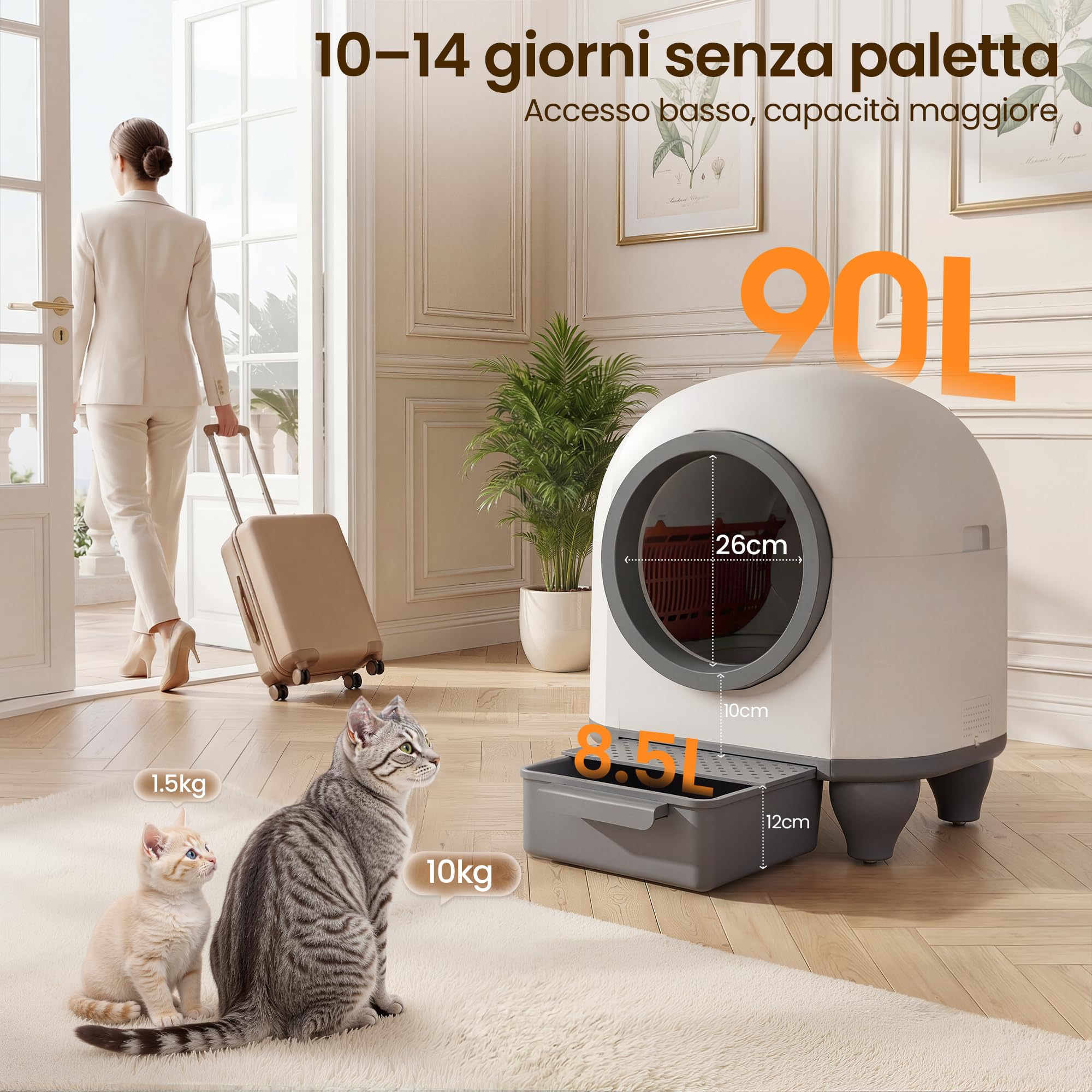 Lettiera Gatto Autopulente con APP, Lettiera Autopulente per Gatti da 90 L con Cassetto Feci da 8,5 L per Oltre una Settimana, Sistema Profumato e Sensore Radar, Adatta a Famiglie con Più Gatti.
