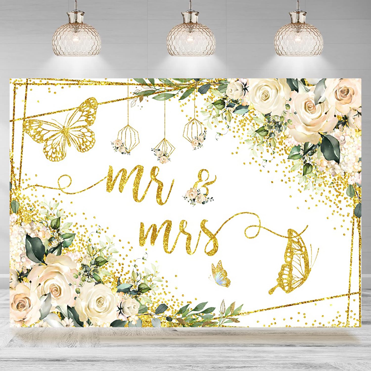7x5ft Wedding Backdrop Mr and Mrs White Flowers Gold Butterfly Dots Photography Background Bride to Be Engagement Wedding Ceremony Decorations Party