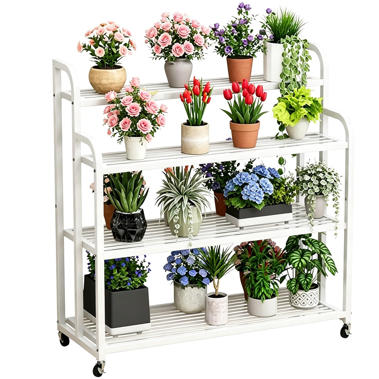 DMCHENGMA 4 Tier Step Style Metal Plant Stand, Multiple Flower Pot Holder Shelves Display Ladder Planter Shelving w/Wheels Storage Organizer Rack - White(100x40x120cm)