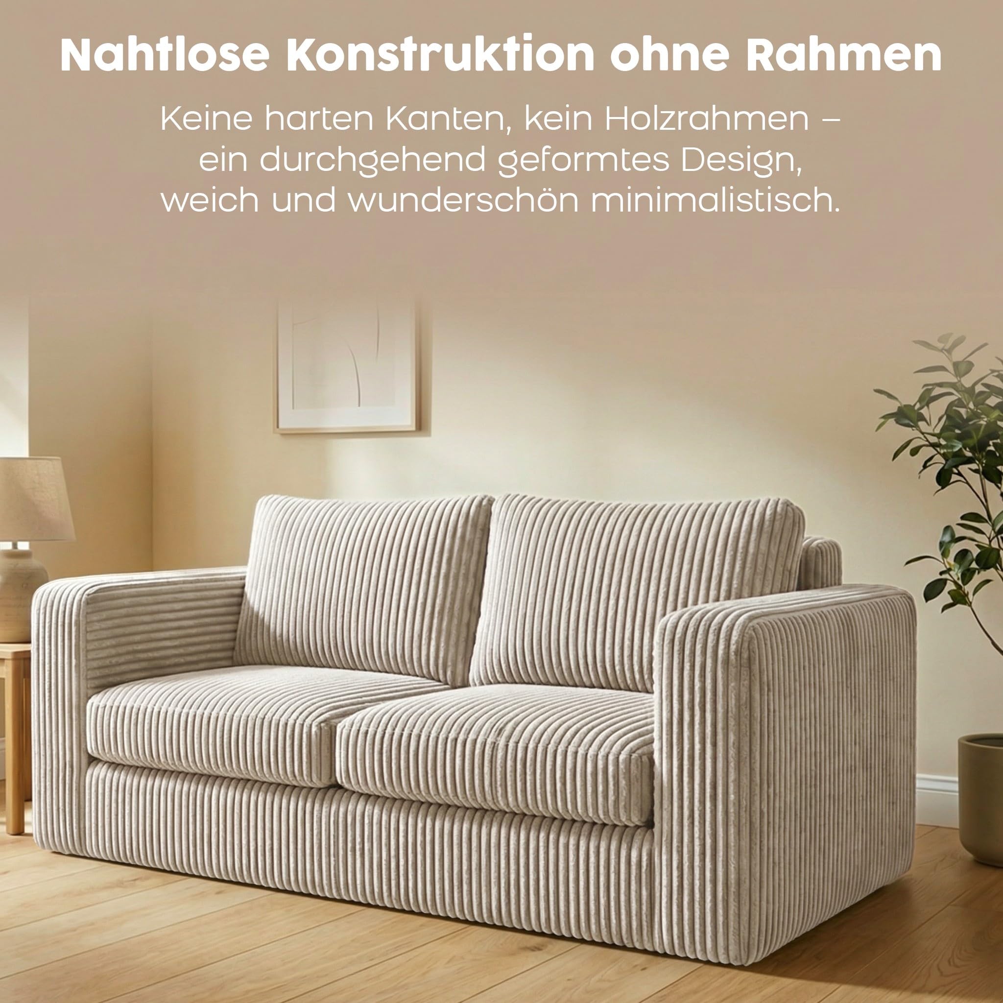 RUMMY 2-Sitzer Sofa aus Cord, kleines rahmenloses Sofa mit Cloud-Sofa-Komfort, hochelastischem Schaumstoff, Kompressionssofa und Bodensofa für Wohnzimmer, Elfenbeinweiß