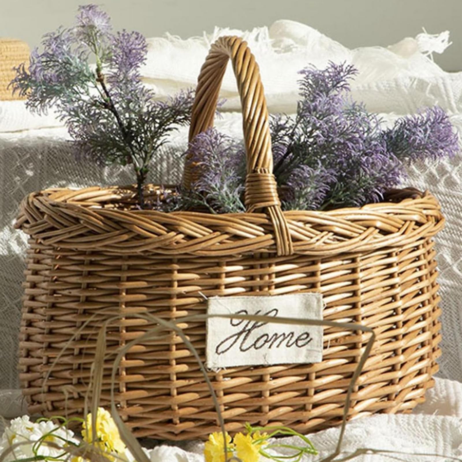 Cestino da Picnic Intrecciato Cesto Intrecciato Cestino Portaoggetti Cesto con Manico Cesto Decorativo Artigianale con Manico Finitura Naturale, Grande